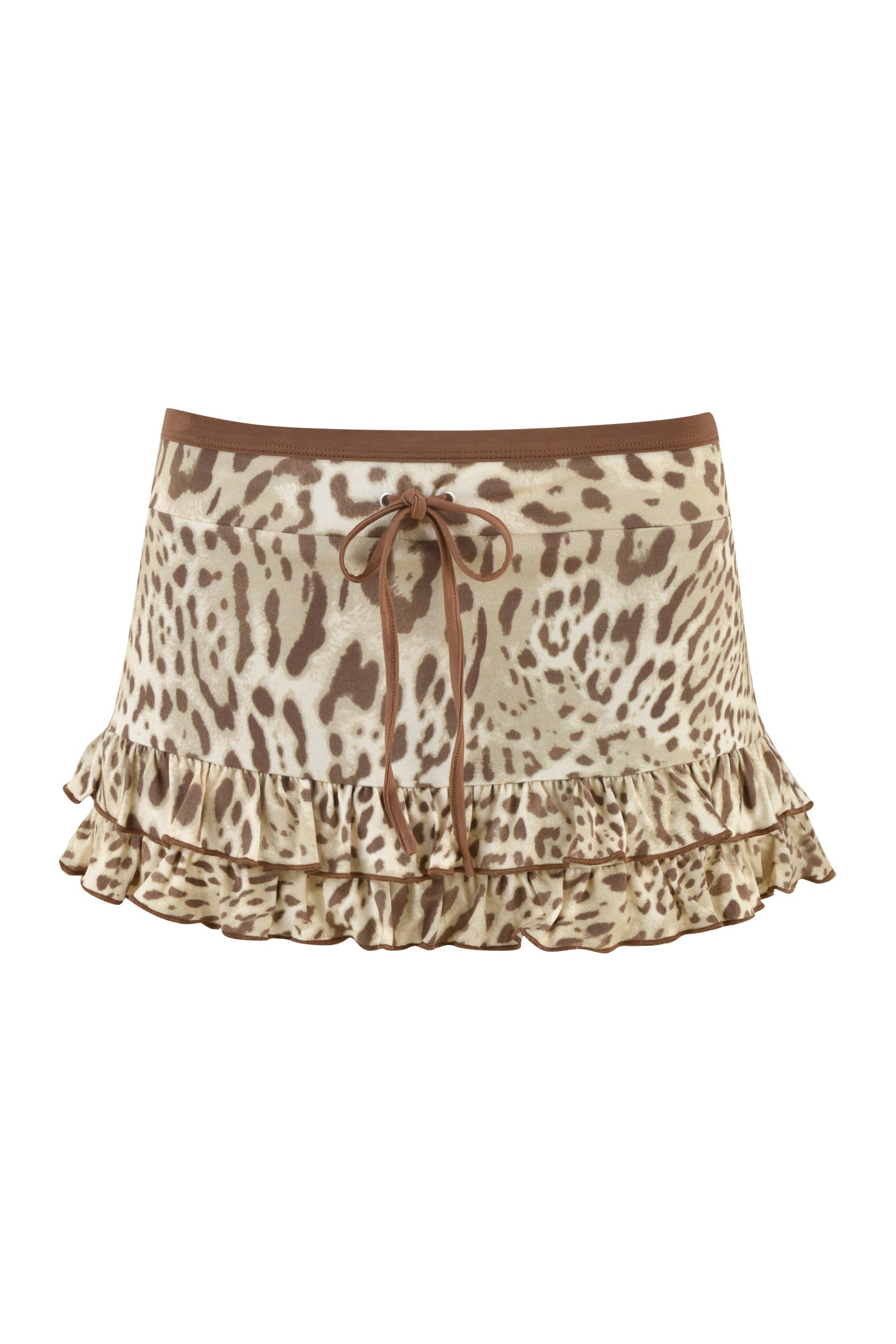 The MICHELLE SKORT - NEUTRAL : LEOPARD LIMBO by I.AM.GIA is a leopard print micro mini skort that showcases brown and cream patterns with a decorative front tie and a double-layered ruffle hem. Its playful design is enhanced by the contrasting solid brown waistband, adding a stylish touch to its bodycon silhouette.