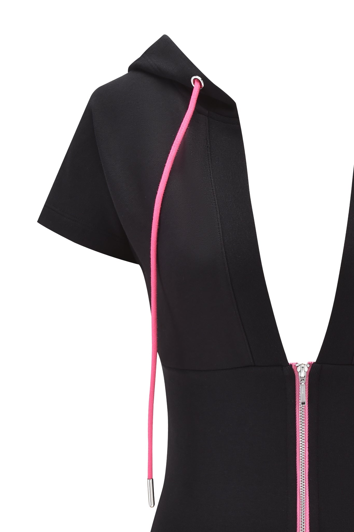 The I.AM.GIA ARLO TRACK JACKET - BLACK features short sleeves, a deep V-neckline, silver zipper closure, a soft French terry feel, and a pink drawstring hood. Shown on a white background.