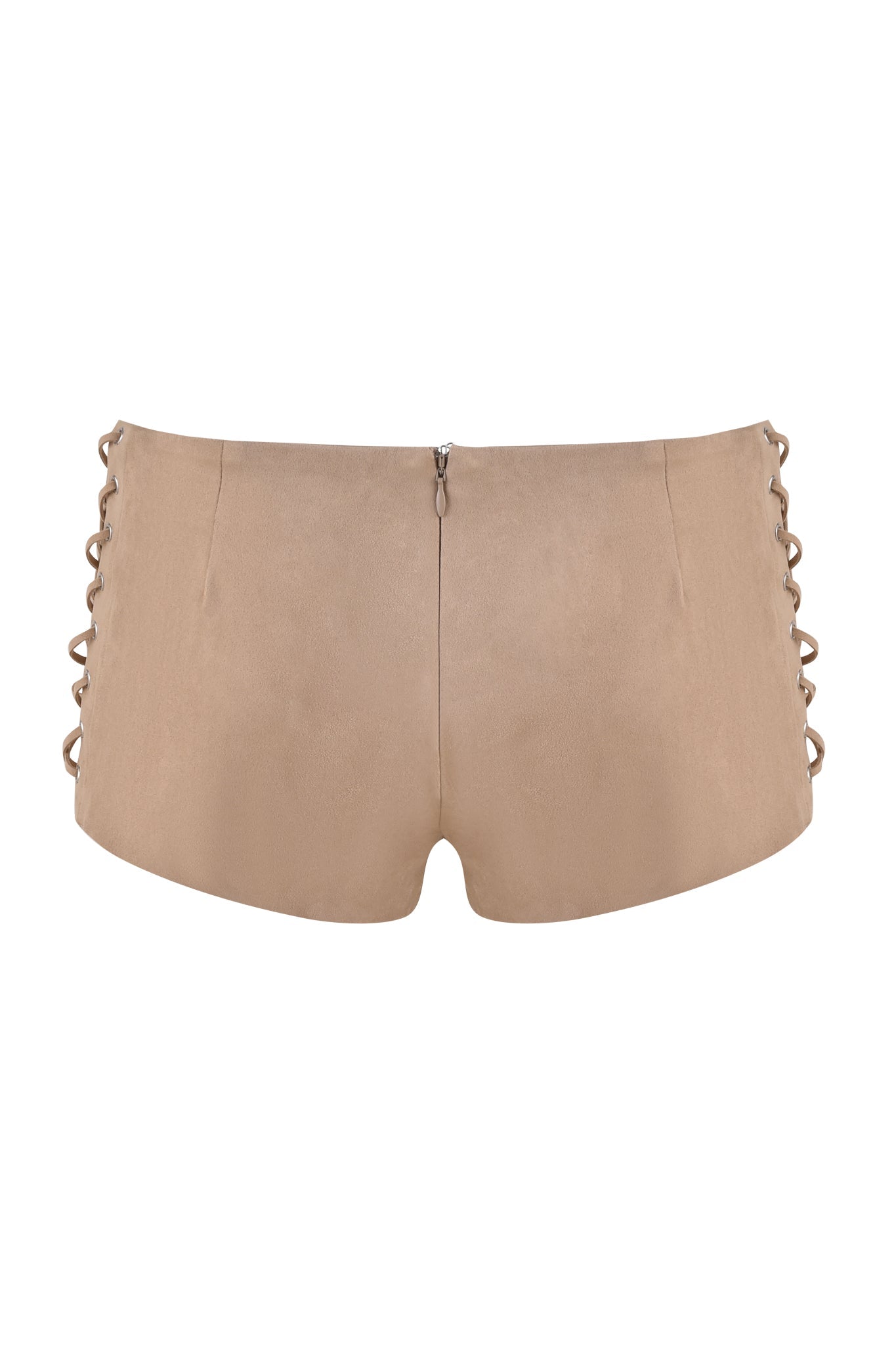 The I.AM.GIA RAMONA SHORT - BEIGE : TAN features a high-waisted faux suede design, with a back zipper and decorative side lace-up detail. It offers a smooth, matte finish and bodycon fit.