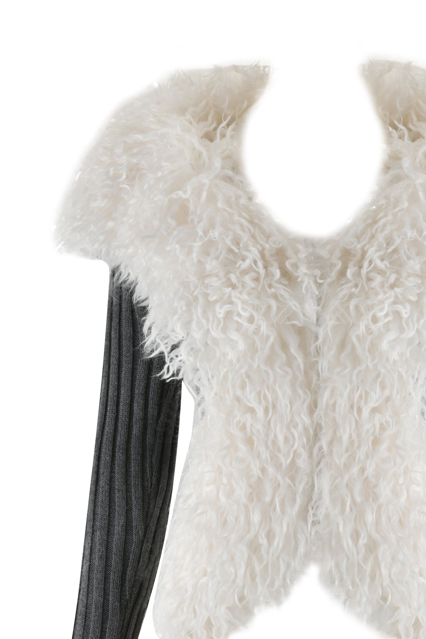 The I.AM.GIA CRESSIDA JACKET - GREY showcases a detailed close-up of its design, featuring a fluffy white faux fur collar and grey ribbed sleeves, highlighting the unique style with a double-sided zipper. No visible model is present.