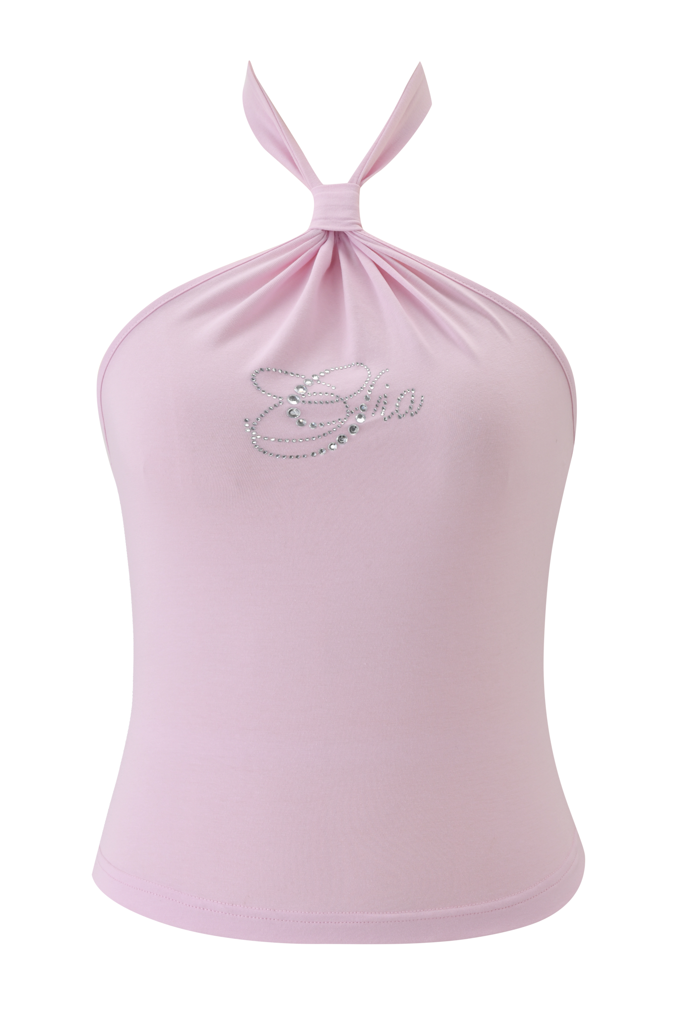 The ROWAN TOP - BABY PINK by I.AM.GIA is a soft bamboo halter with a neckline knot and "Chic" in silver rhinestones on the chest.