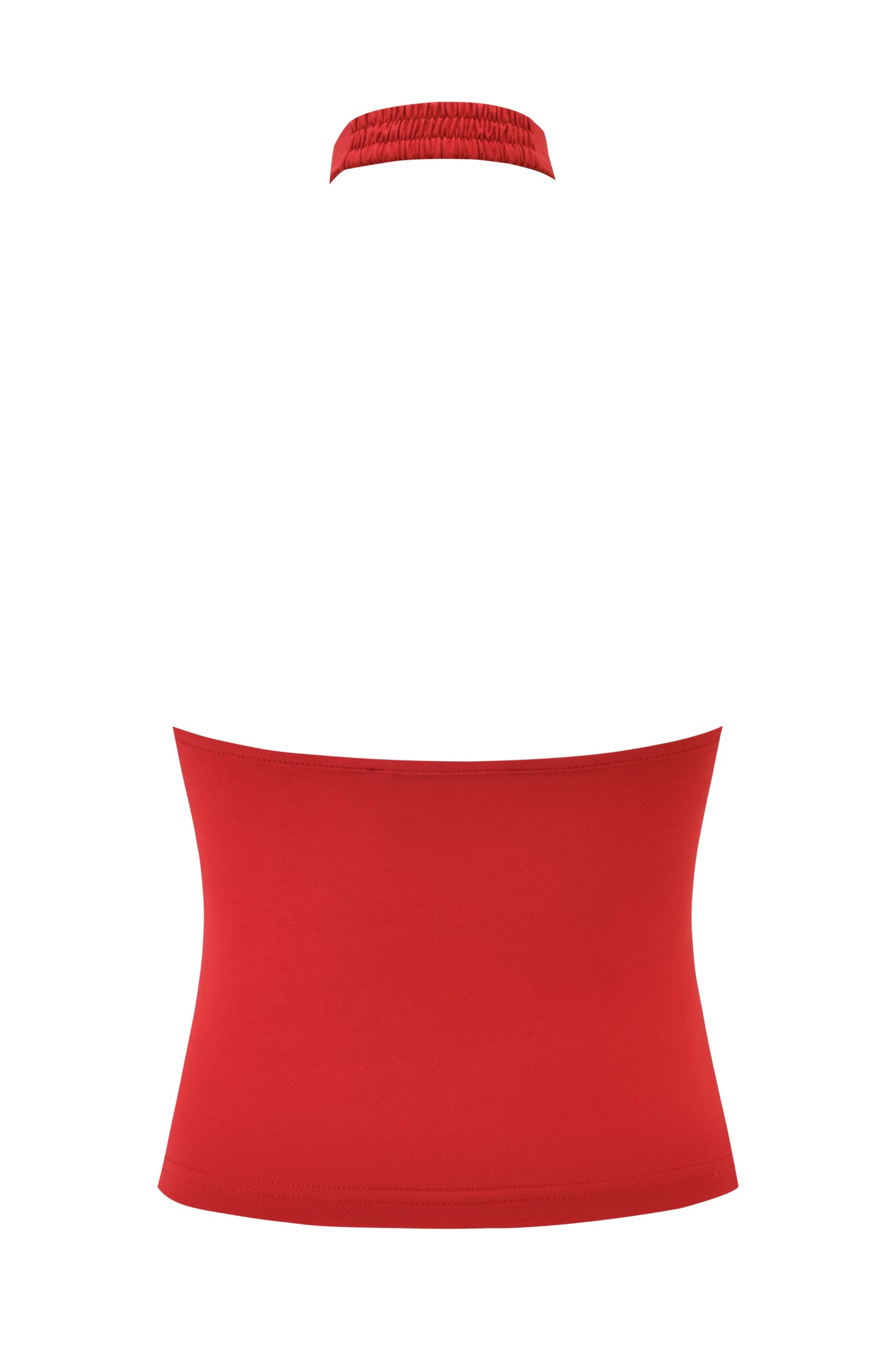 The I.AM.GIA ROWAN TOP - RICH RED, a strapless bandeau bodycon top with a matching choker neck strap in soft jersey fabric, is shown against a white background.