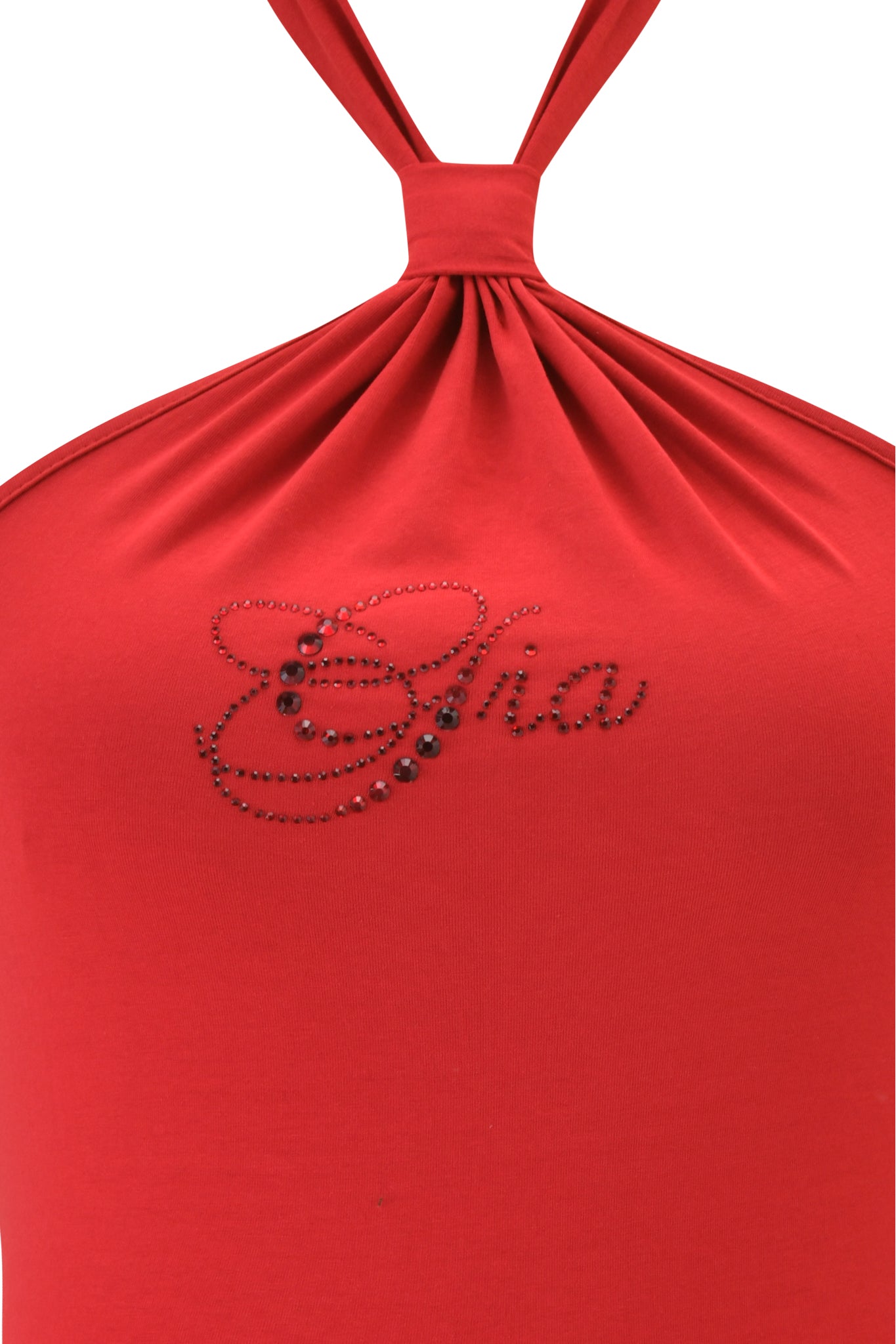 A close-up of the I.AM.GIA ROWAN TOP in Rich Red, a soft jersey halter with gathered neckline and "Sha" in rhinestones on the chest.