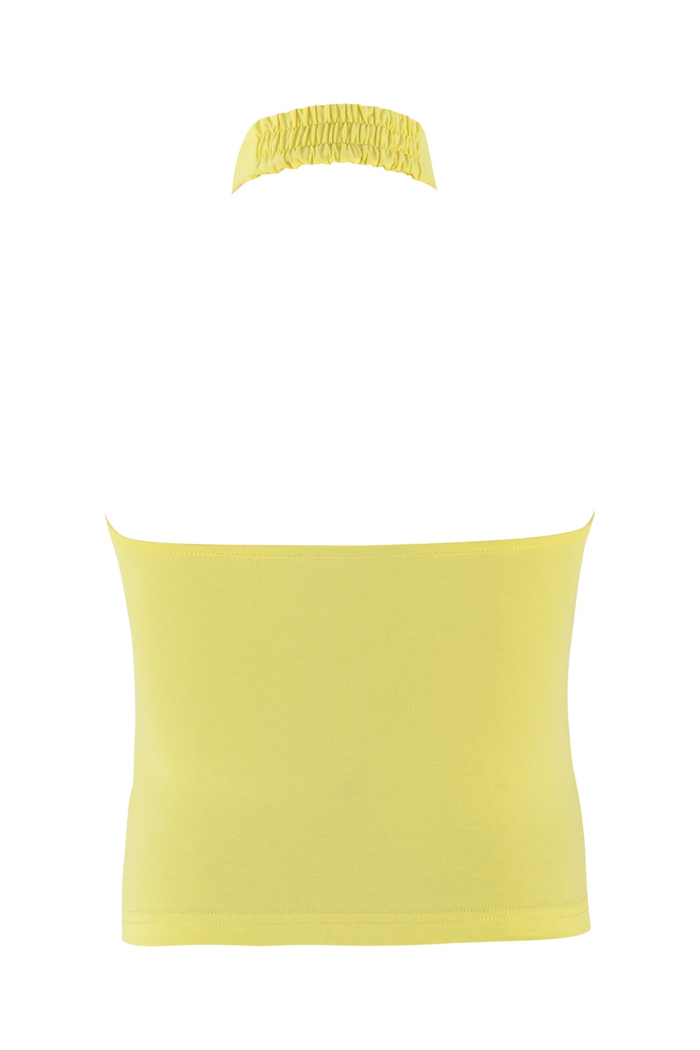 The ROWAN TOP - YELLOW by I.AM.GIA is a strapless tube top made from bamboo fabric in vibrant yellow, displayed on a white background. It has a bodycon fit with an elastic band, ideal for versatile styling and added security.