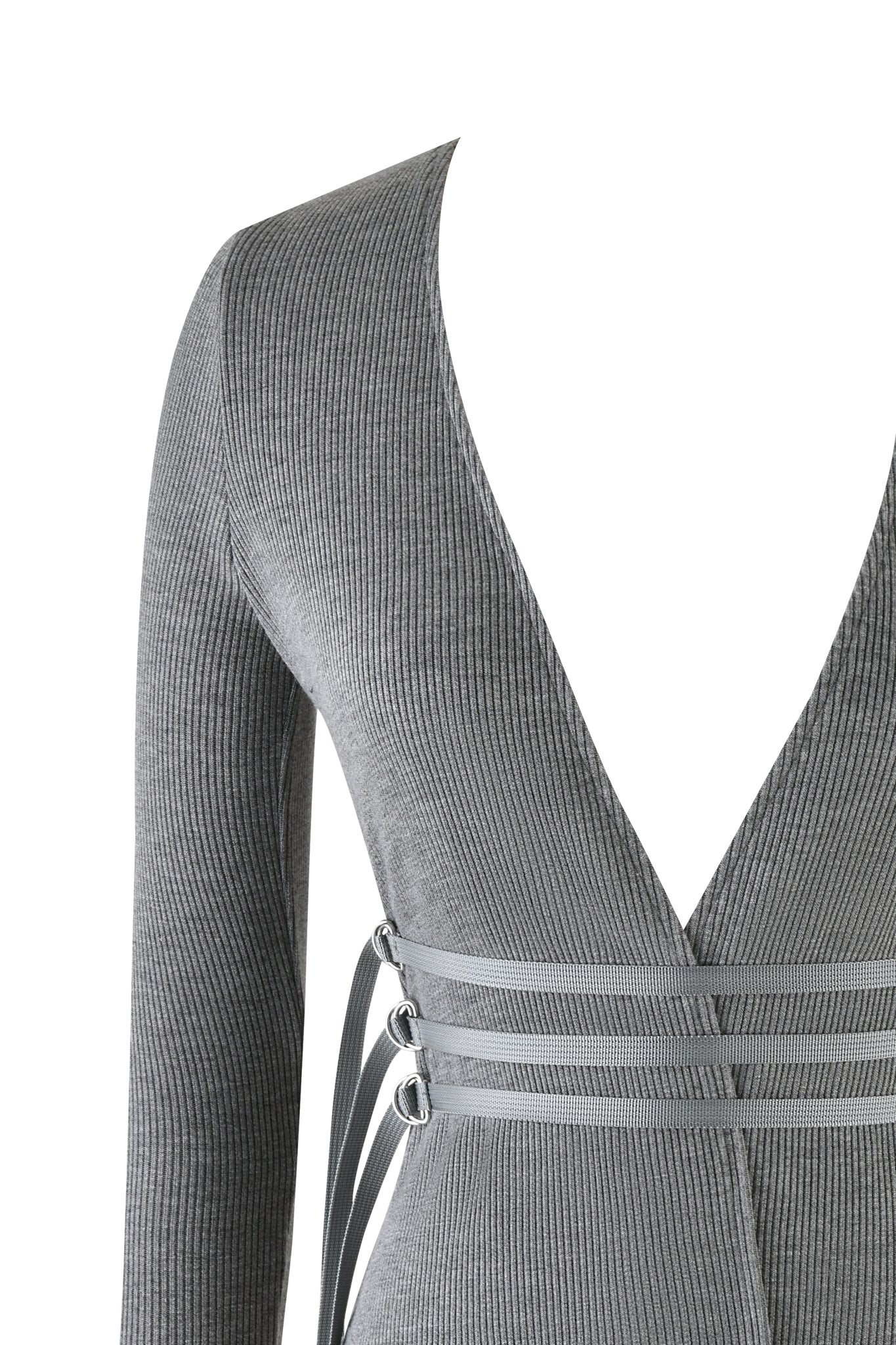 Close-up of the TESSA TOP by I.AM.GIA in heather grey, featuring a ribbed design with a deep V-neck and long sleeves. It includes utility-style belts with metallic rings at the waist for a fitted look against a plain white background.