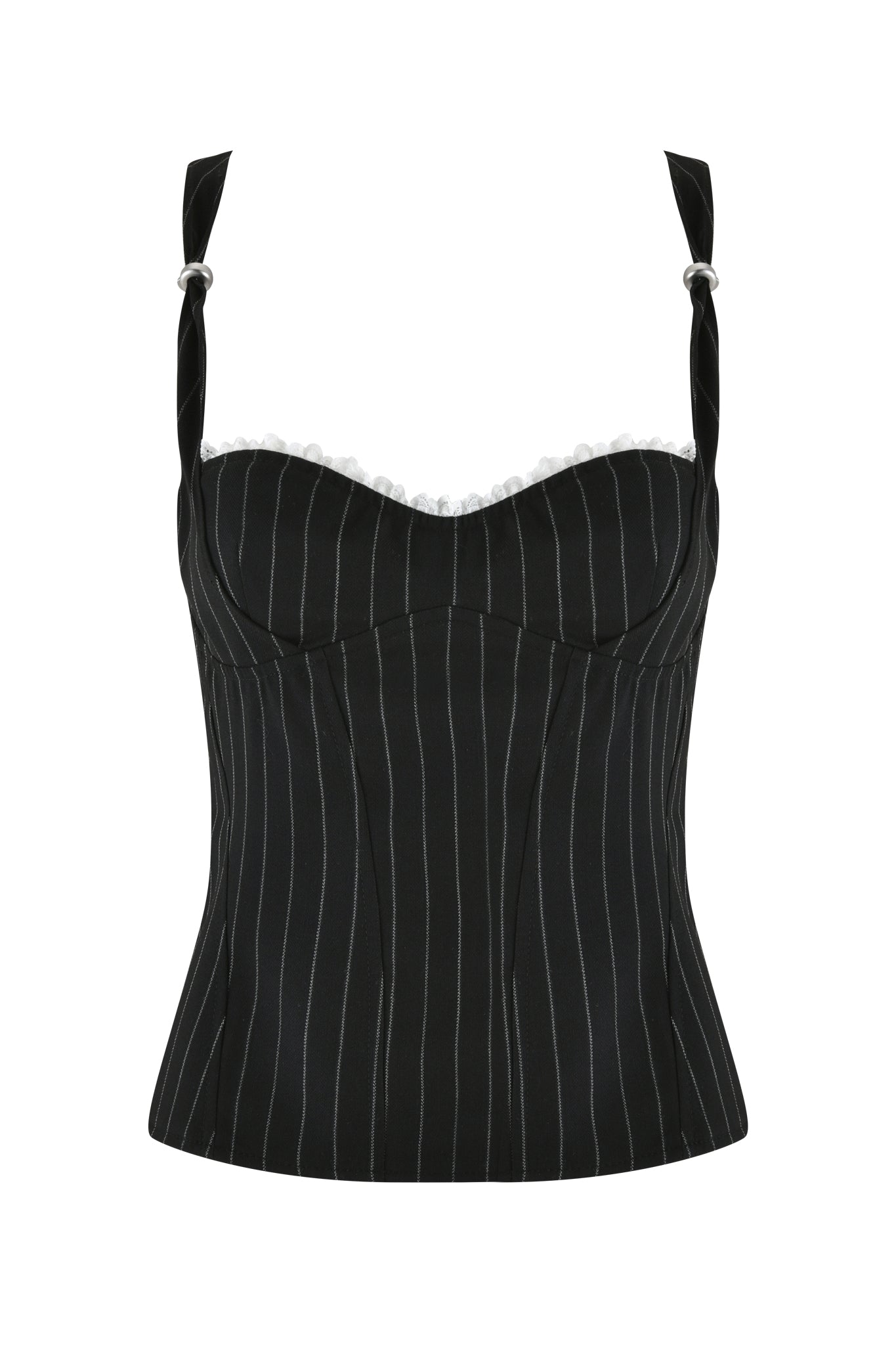 The MARRION CORSET - BLACK by I.AM.GIA showcases thin white pinstripes, wide straps with silver hardware, and lace trim along the top, delivering a structured, fitted silhouette with an elegant under-bust look.