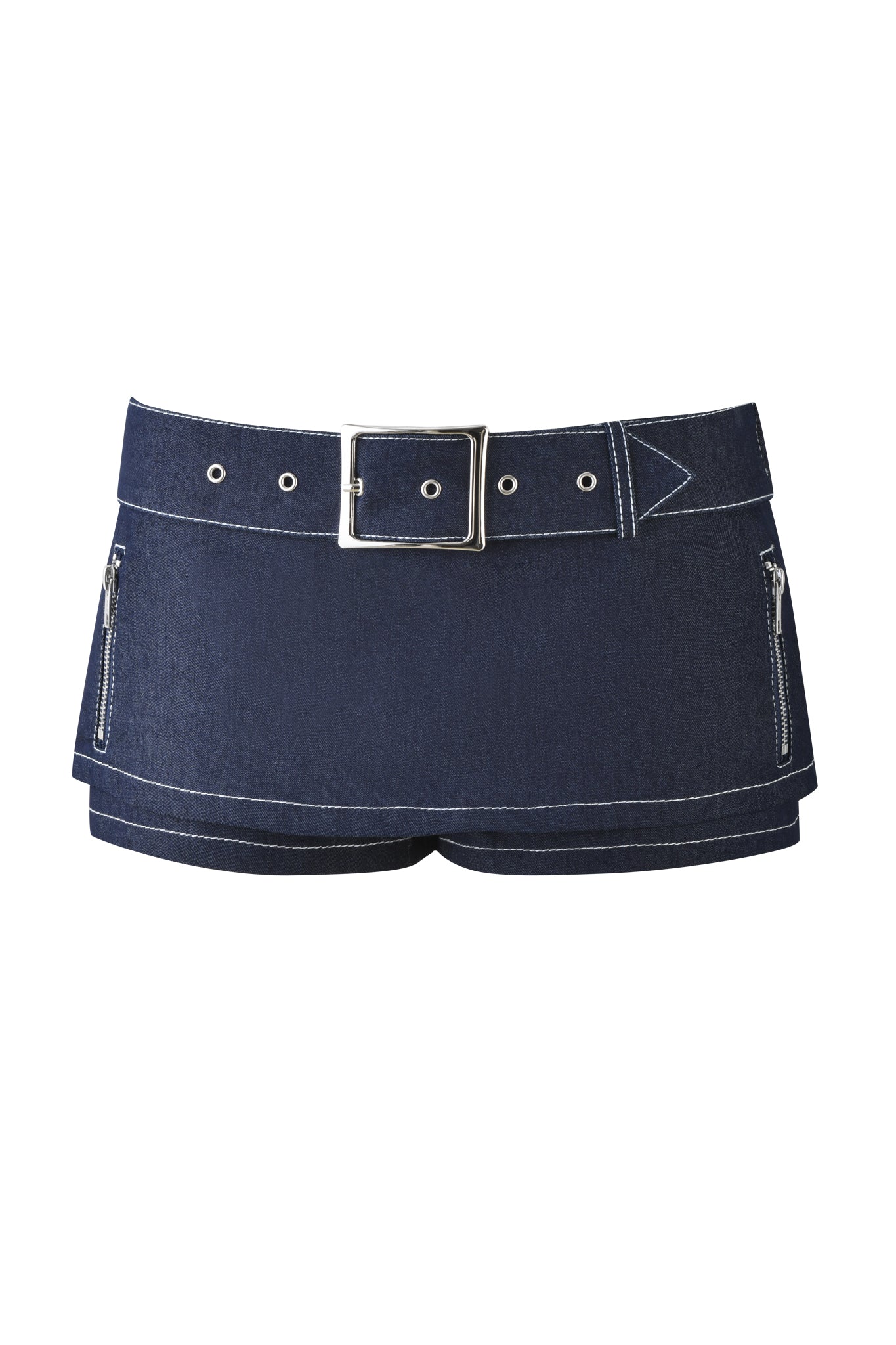 The MARRION DENIM SKORT by I.AM.GIA is crafted from dark blue denim, featuring a silver buckle belt, low waist design, two side zipper pockets, and contrasting stitching for a chic finish.