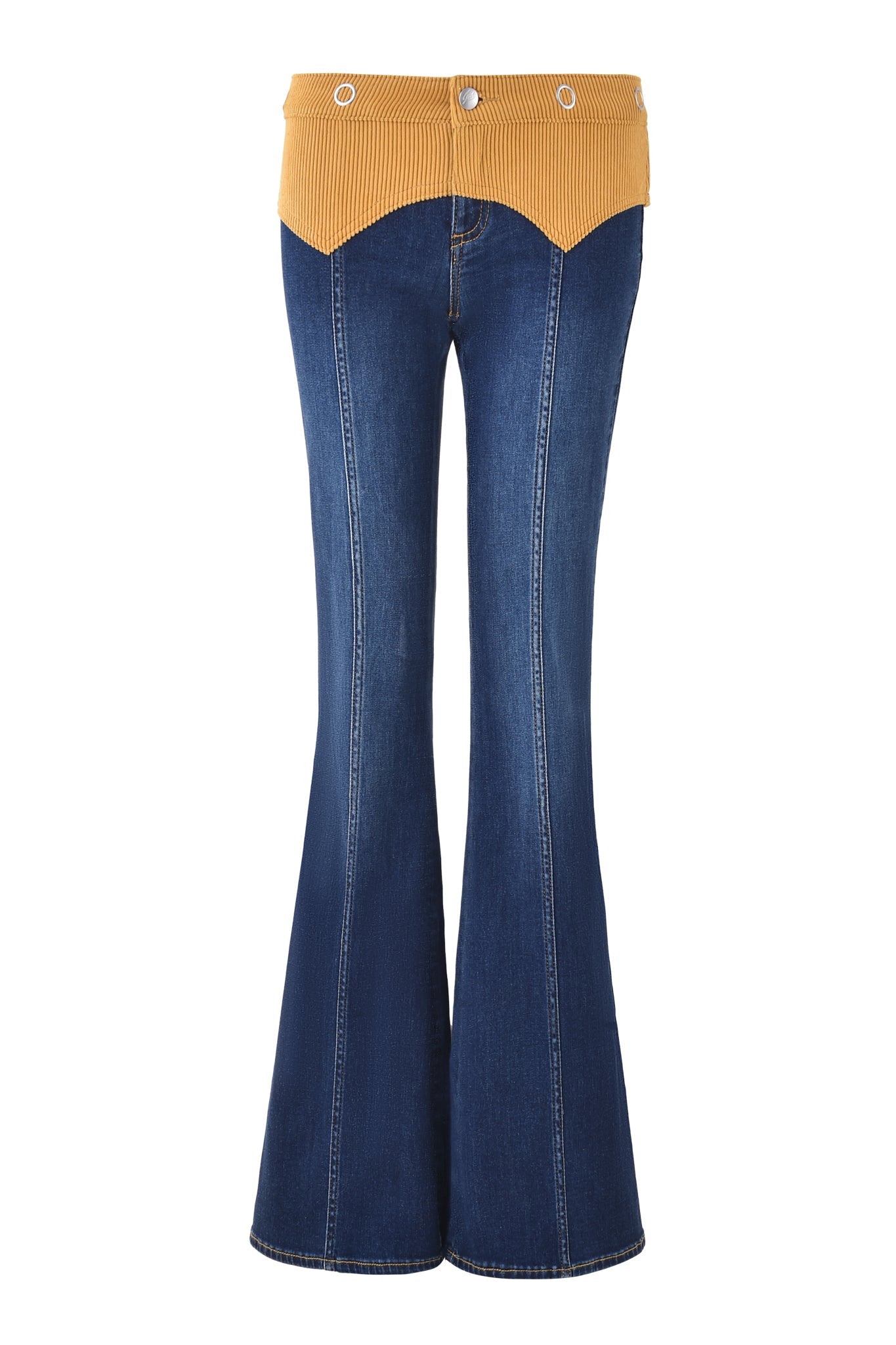 The TOMMIE JEAN - DARK WASH by I.AM.GIA features blue denim flared pants with a high waist, tan corduroy waistband with belt loops, button closure, and signature GIA embroidery for a stylish touch.