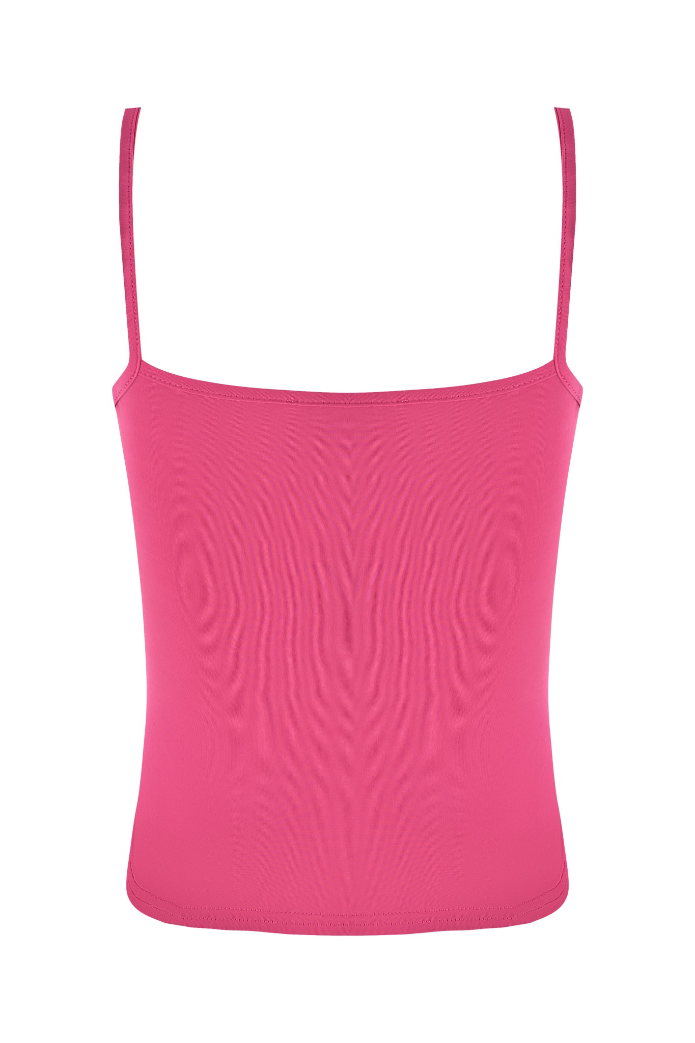 The SUKI TANK - PINK by I.AM.GIA features a vibrant pink slinky fabric with thin straps and a bodycon fit. It has a straight neckline and is displayed against a white background.