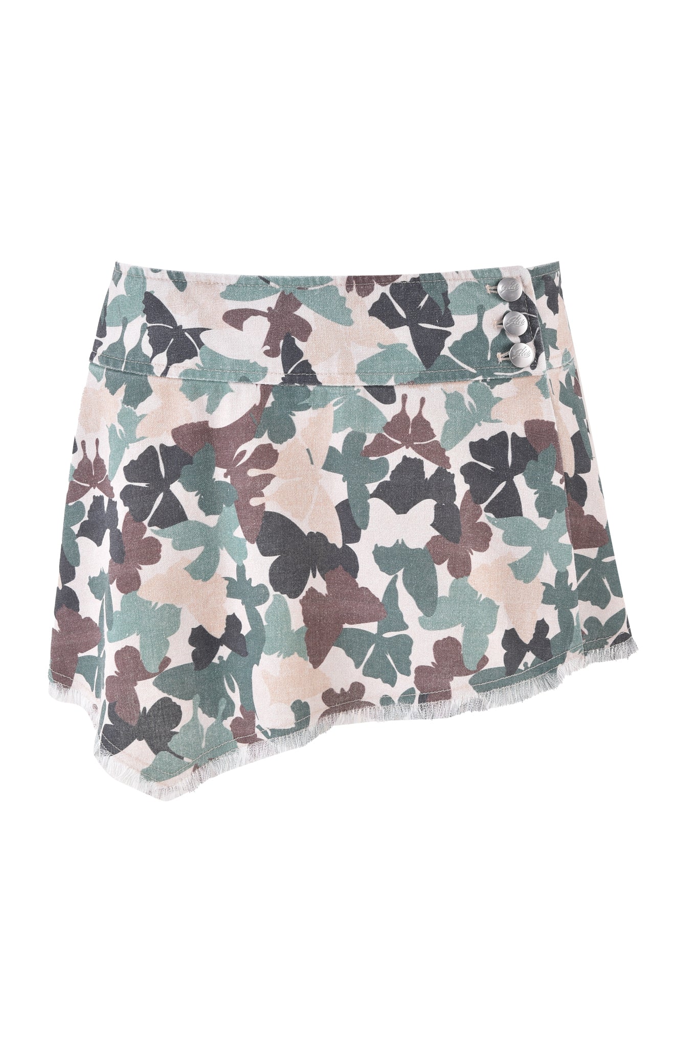 The EFFIE SKIRT - FLUTTER CAMO by I.AM.GIA is a butterfly camo print skort in green, brown, and beige with an asymmetrical, slightly frayed hemline. Featuring a low-rise waist and two buttons on the waistband, it offers a casual yet chic vibe.