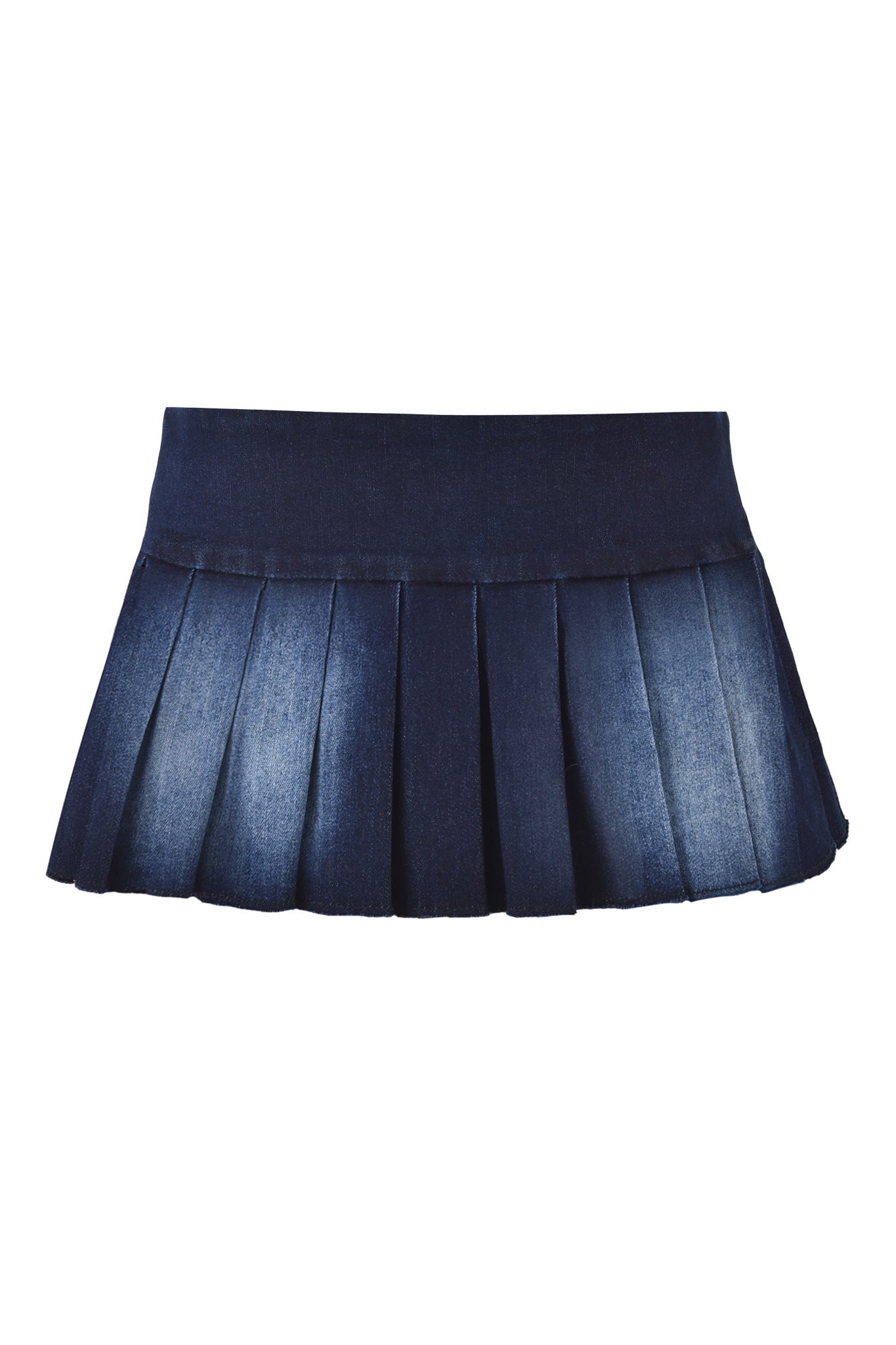 The REMINI DENIM SKORT by I.AM.GIA features a dark denim blue micro-mini pleated design with a wide waistband and slightly faded pleats.