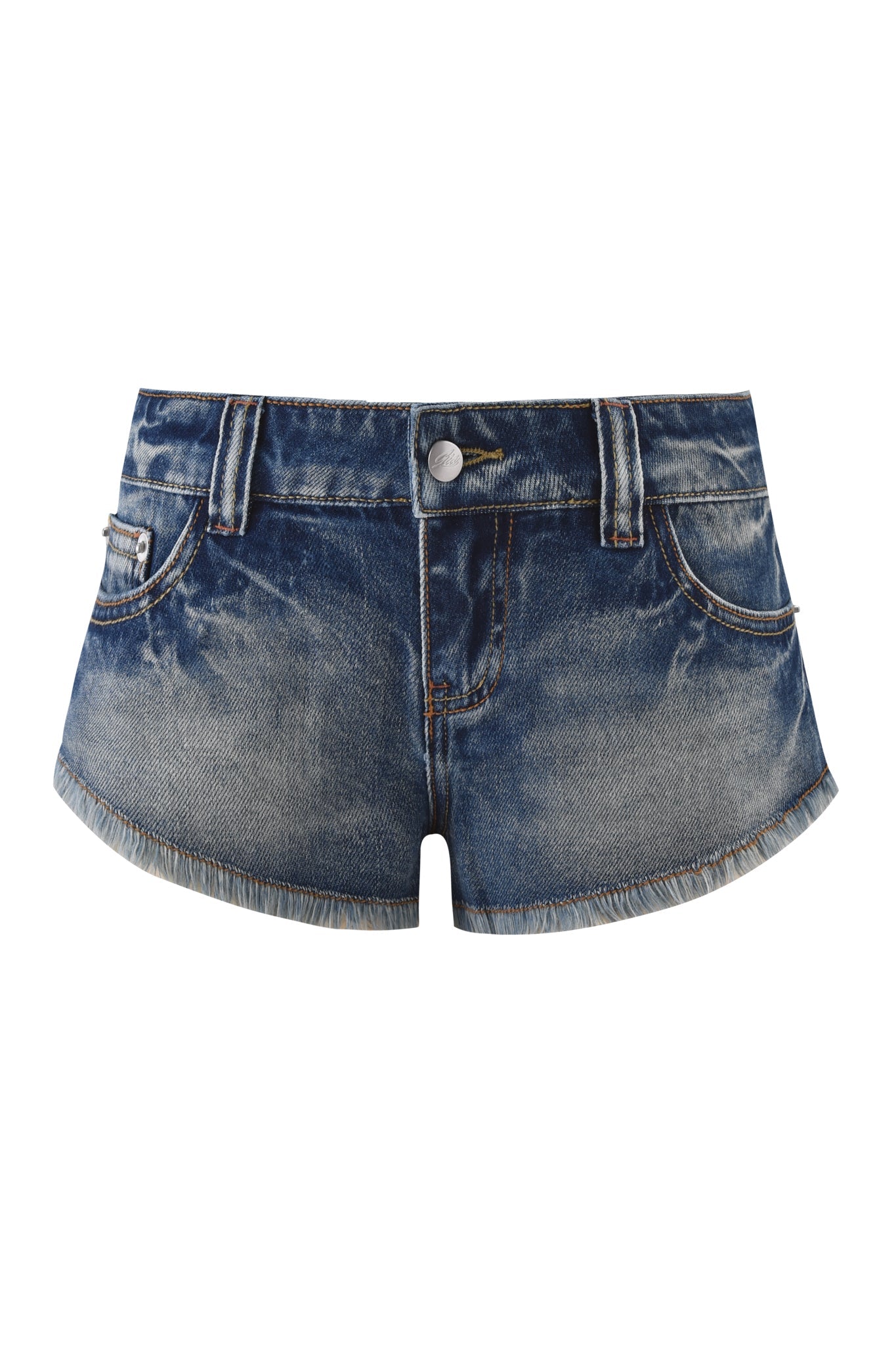 The AURA DENIM SHORT by I.AM.GIA is a blue, distressed micro mini with a low-rise waist, raw frayed hem, front pockets, belt loops, and button closure.