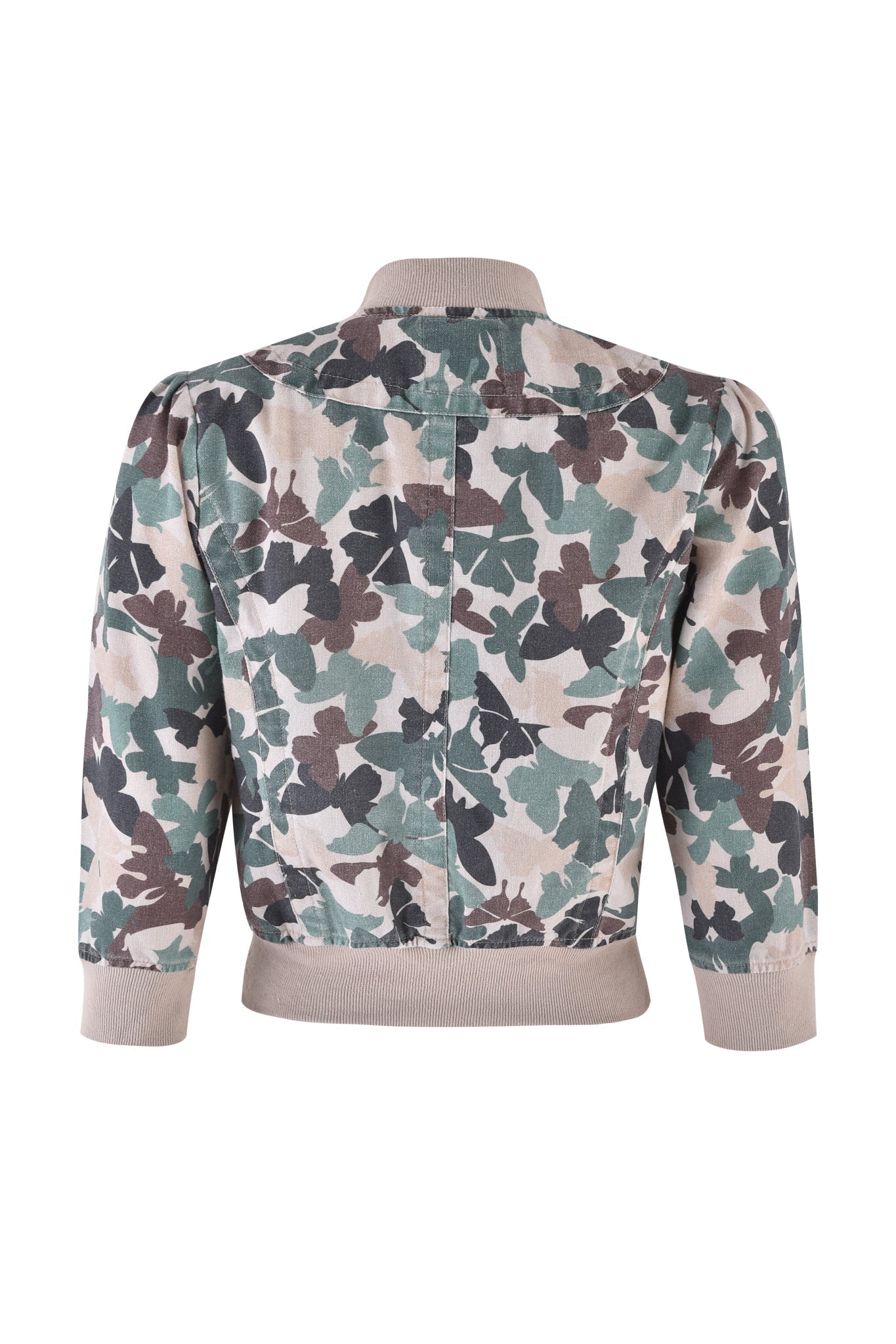 The EFFIE JACKET - FLUTTER CAMO by I.AM.GIA showcases a back view with a green, brown, and beige butterfly camo print. It features long sleeves, ribbed collar, cuffs, and waistband with a slightly fitted silhouette that's trendy and timeless.