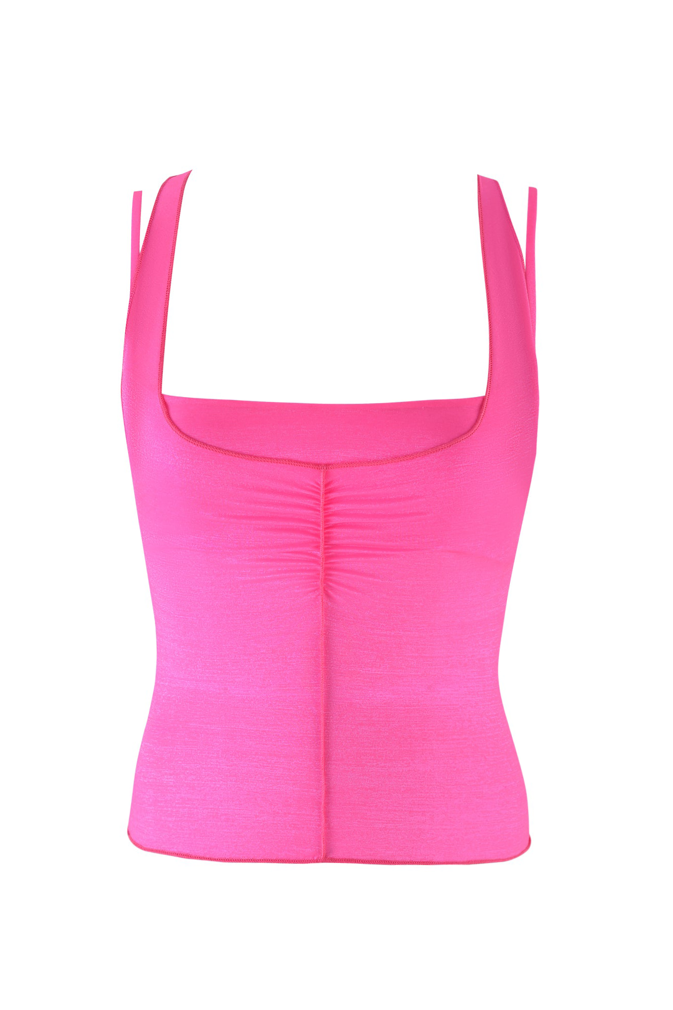 The NERINA TOP - NEON PINK by I.AM.GIA is a sleeveless, square-neck top with ruched bust detail and a fitted silhouette in bright neon pink shimmer, shown against a plain white background.