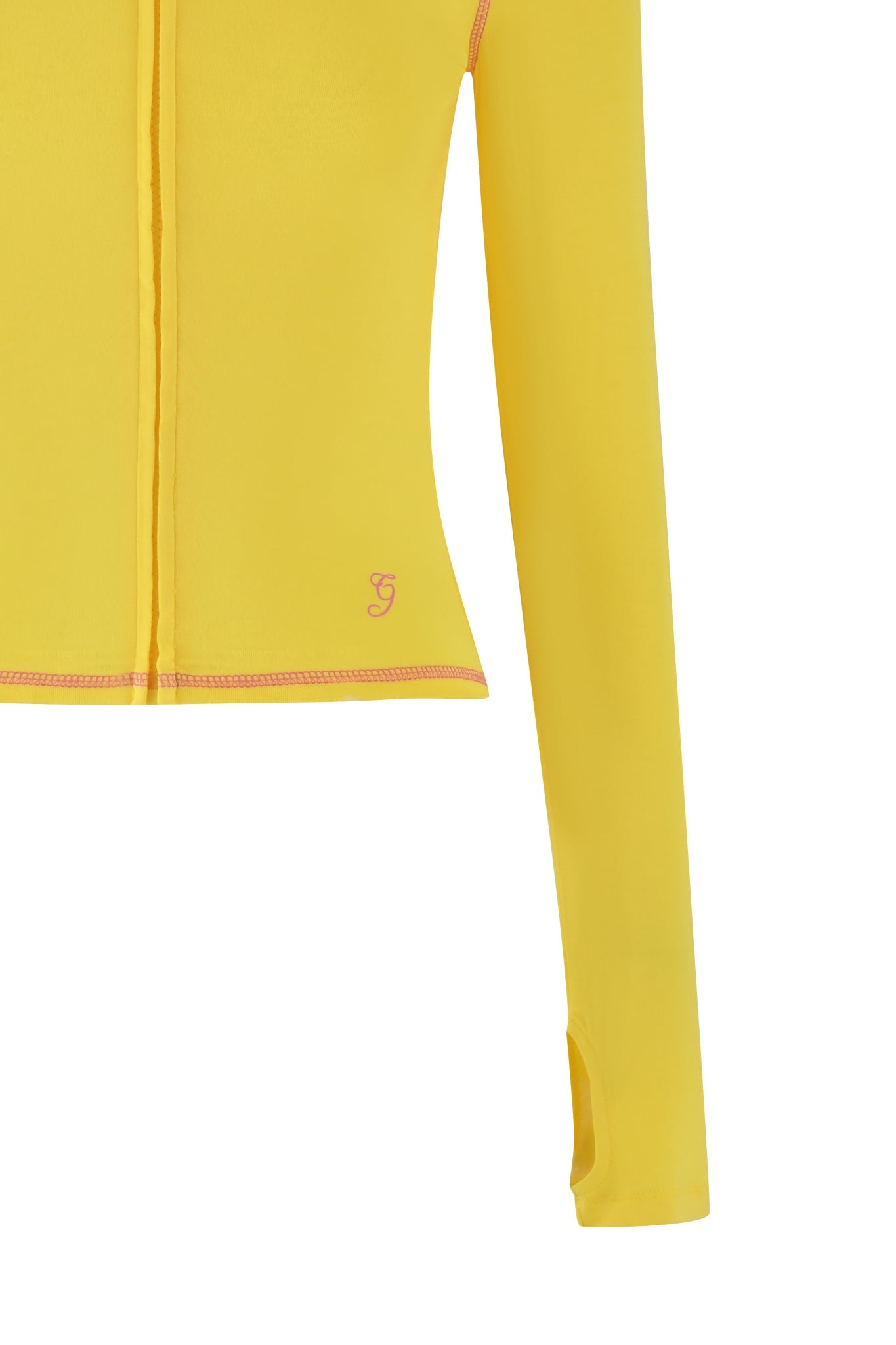 Close-up of the I.AM.GIA BLARE HOODIE - LEMON with a zipper, a smooth fabric, a small embroidered "G" at the bottom, and visible seam stitching in darker yellow for contrast against its sleek bodycon silhouette.