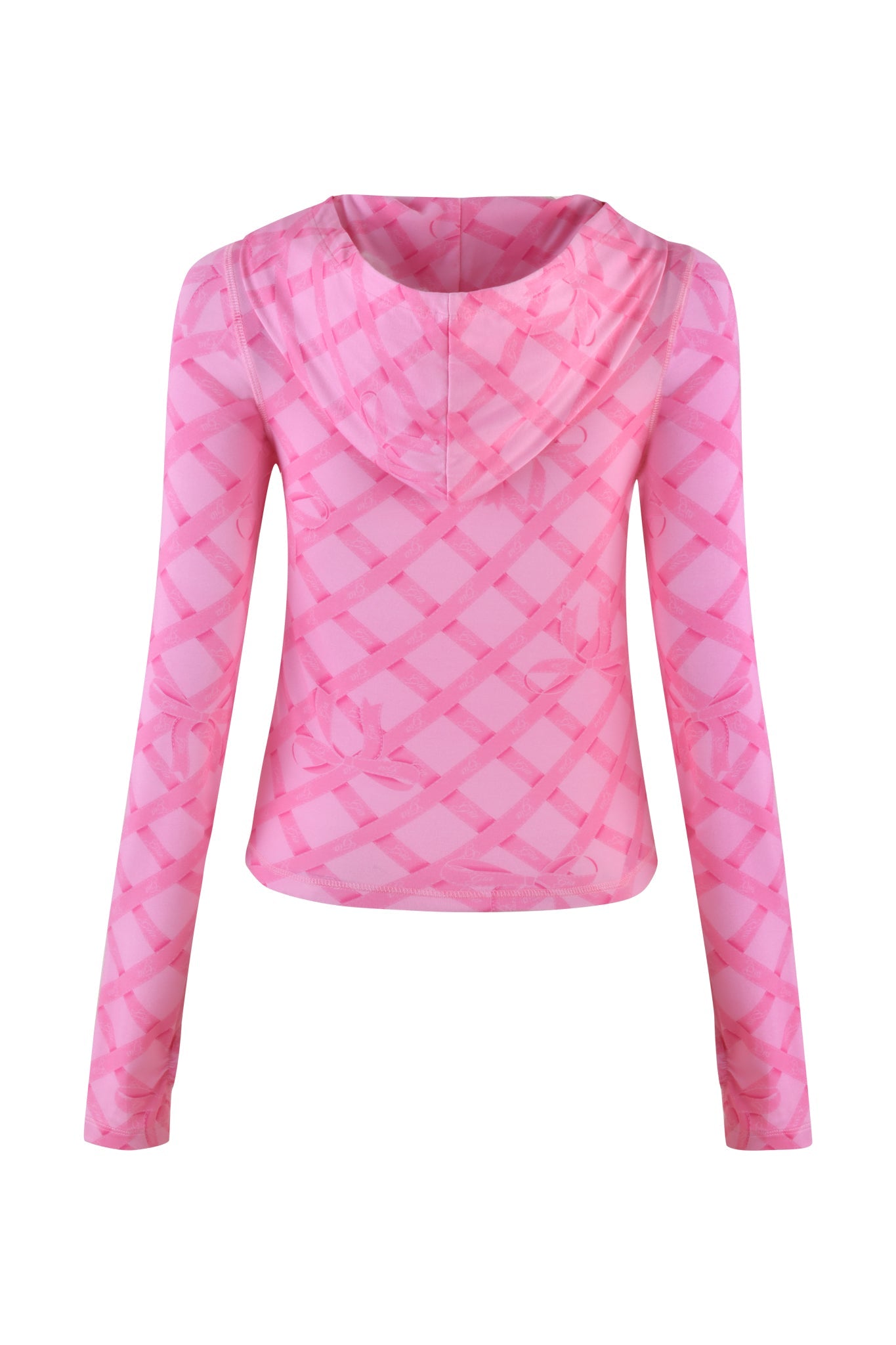 Introducing I.AM.GIA's Blare Hoodie in pink: a lightweight, fitted long-sleeve top with crisscross geometric patterns and heart accents. Designed with thumb-hole cut-outs, it's showcased from the back against a white background.