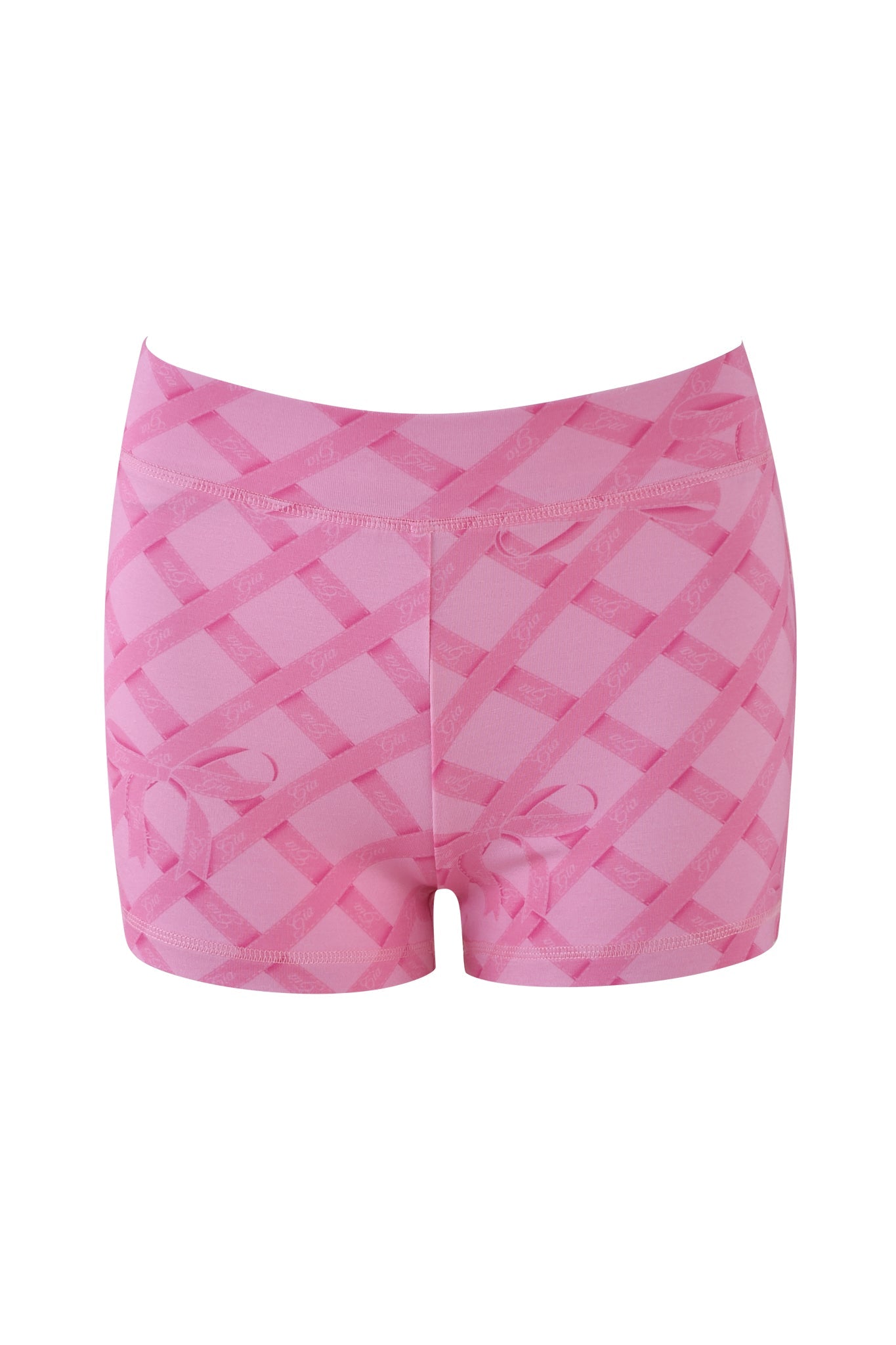 The BLARE SHORT - PINK : WRAPPED IN GIA by I.AM.GIA features a pink crisscross lattice pattern in bamboo fabric. These stylish shorts have a wide waistband and are set against a plain white background.