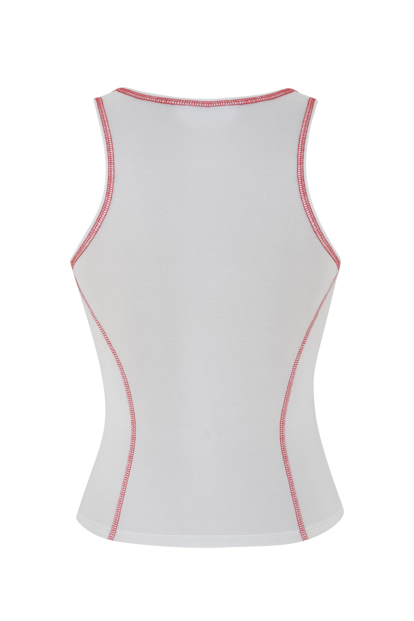 The BLARE TANK in white by I.AM.GIA, shown from the back, features bold red stitching along seams and edges and a fitted, contoured bodycon silhouette.