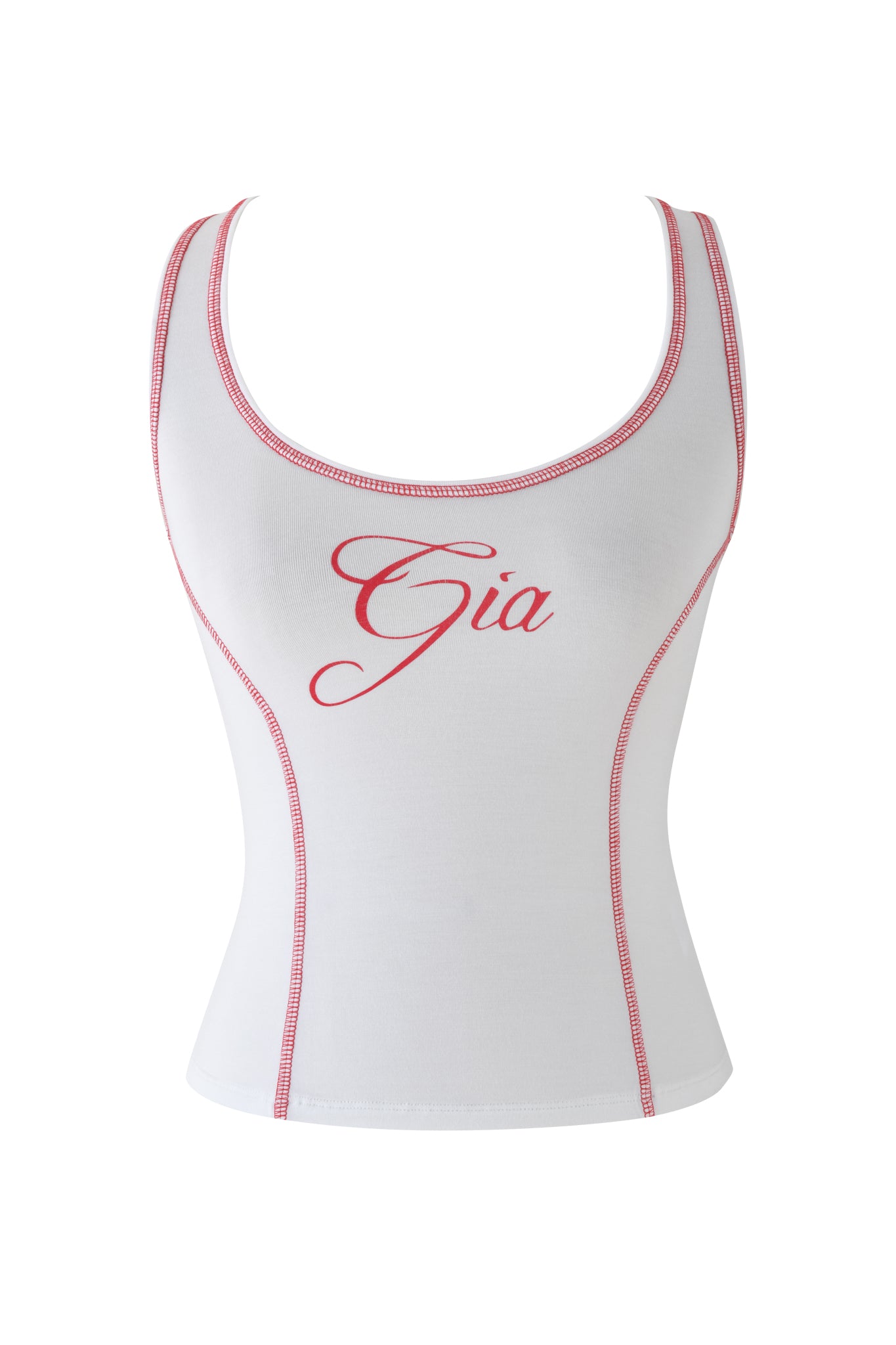 The BLARE TANK - WHITE by I.AM.GIA is a bodycon white tank top with pink stitching and "Gia" in pink script on the chest, shown on a plain white background.