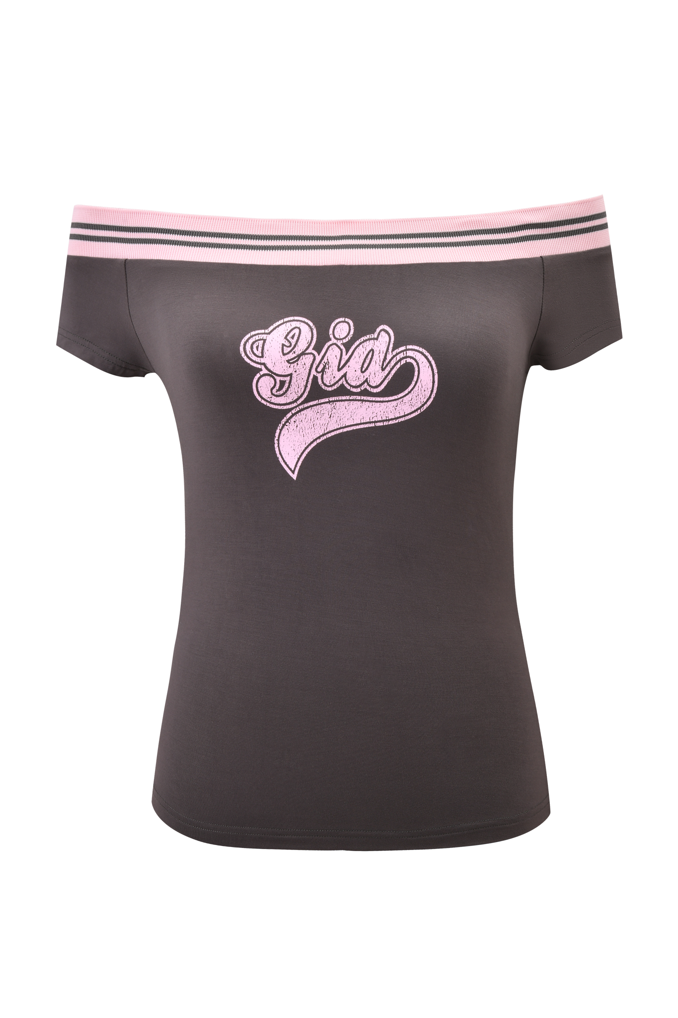 The ELLIS TOP - GREY by I.AM.GIA is a fitted, off-the-shoulder grey bamboo jersey top with pink and white striped trim and "Gid" in bold pink cursive on the chest.