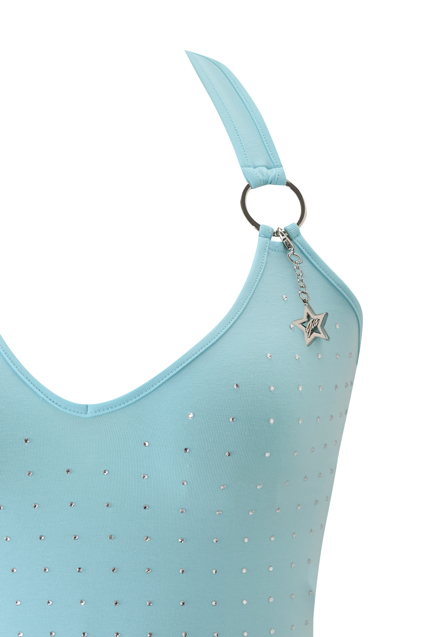 Close-up of the I.AM.GIA BUBBLES TOP - AQUA, a halter style with small silver studs, featuring a custom GIA star charm and chain attached to one strap via a circular metal ring.