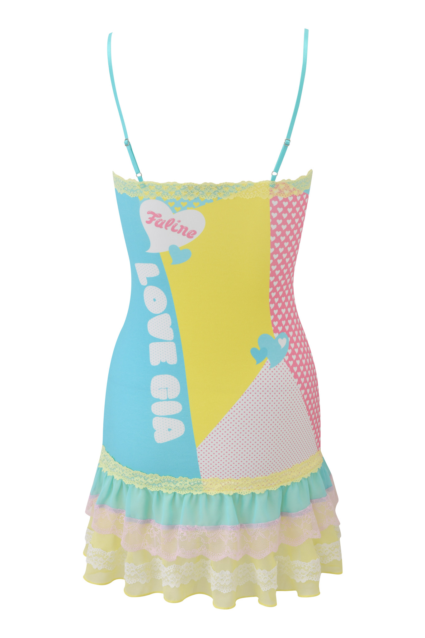 The I.AM.GIA FAFI MINI DRESS - BLUE is a colorful cami mini with thin straps, pastel yellow, blue, and pink panels, lace trim, ruffled hem, and the exclusive “Feline Love Gia” heart and bird print on the front.