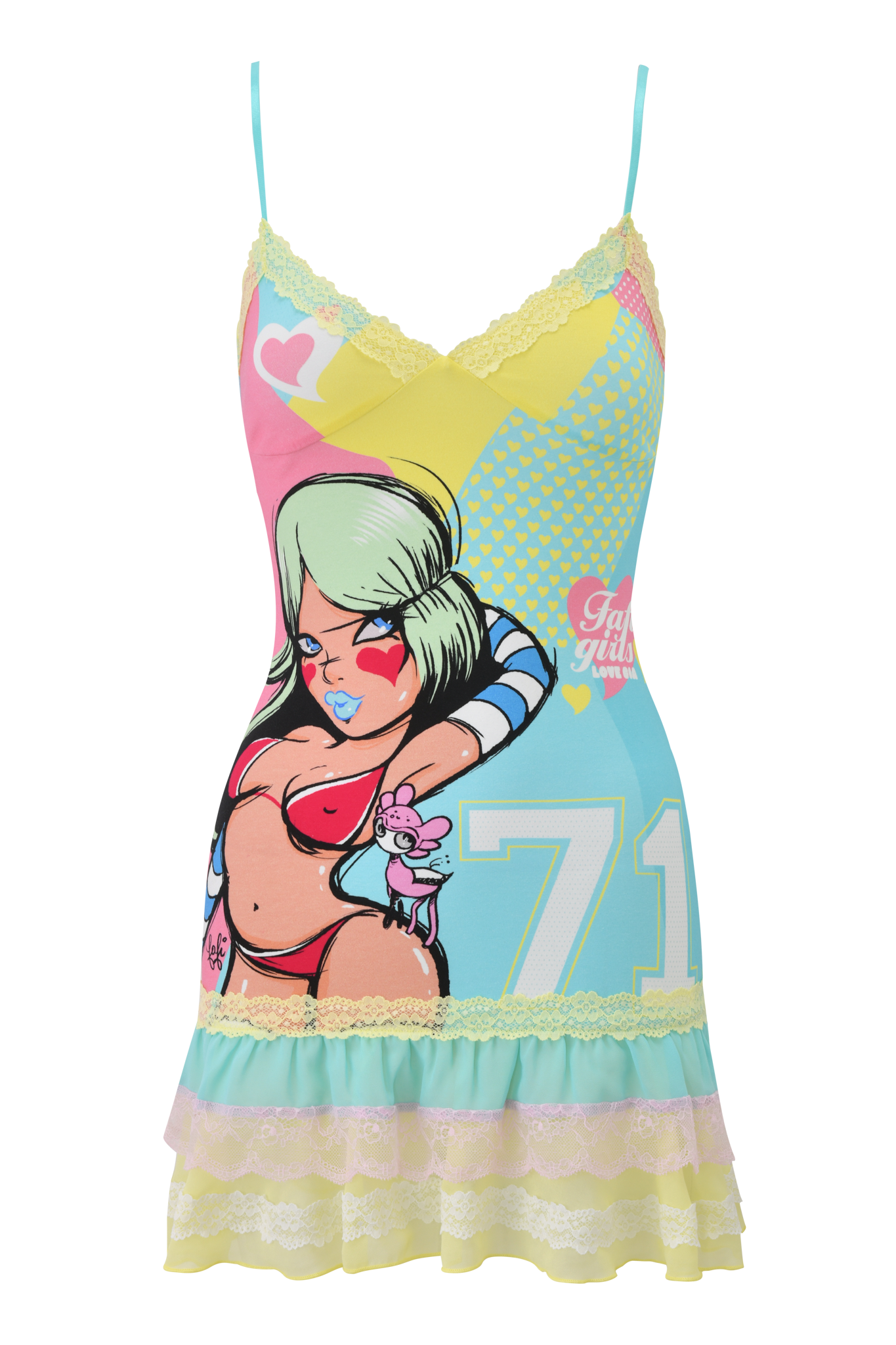 The I.AM.GIA FAFI MINI DRESS - BLUE is a stretch jersey cami mini dress with an exclusive print of a green-haired cartoon woman in a red bikini, pink gloves, and mouse, featuring lace trim, pastel patterns, and the number 71 near the hem.