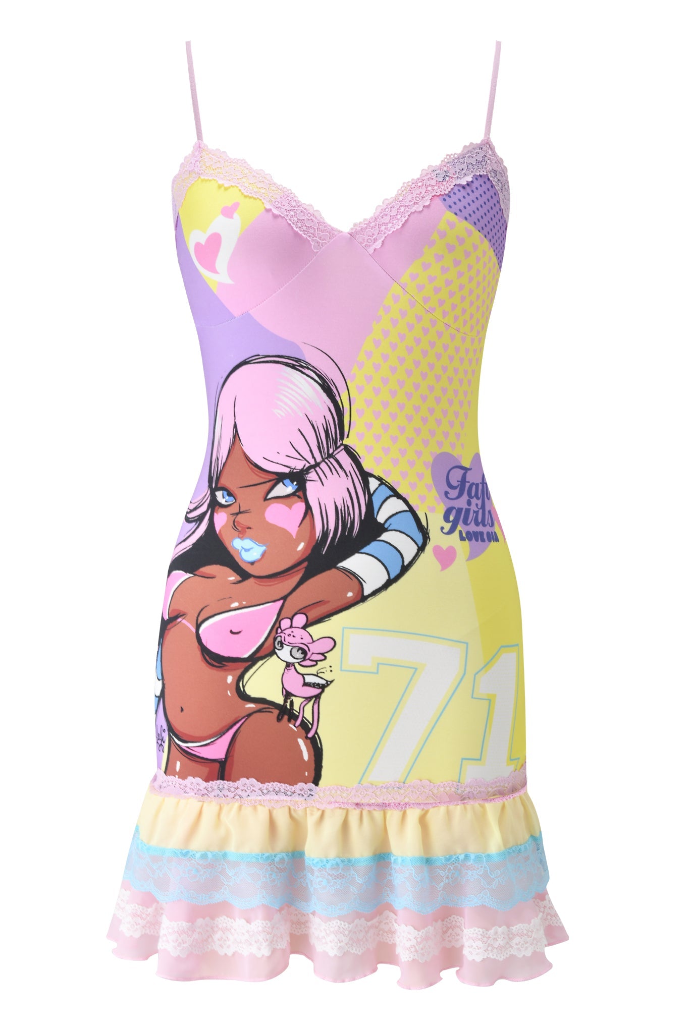 The I.AM.GIA FAFI MINI DRESS - YELLOW features pastel hues, pink lace trim, a graphic cartoon woman with white hair and blue lipstick, plus "71" and "Fairy Girl" text on a yellow, lavender, and blue background.