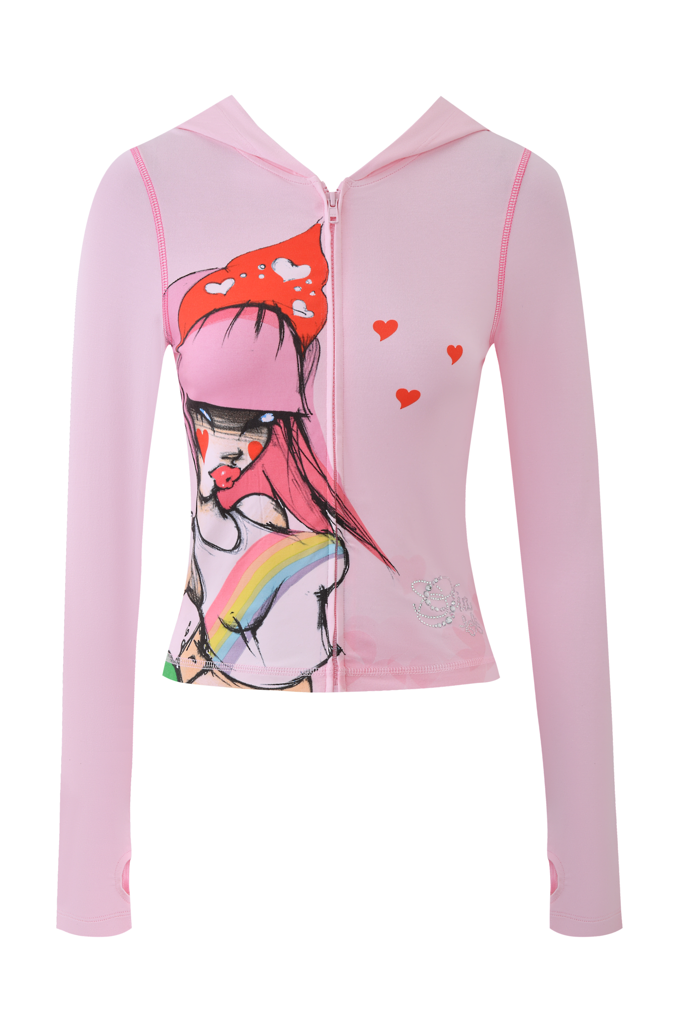 The I.AM.GIA FAFI BLARE HOODIE in baby pink is a long-sleeve, hooded bodysuit with a front zipper, featuring rainbow accents and a girl illustration—a playful style from the FAFI collaboration.