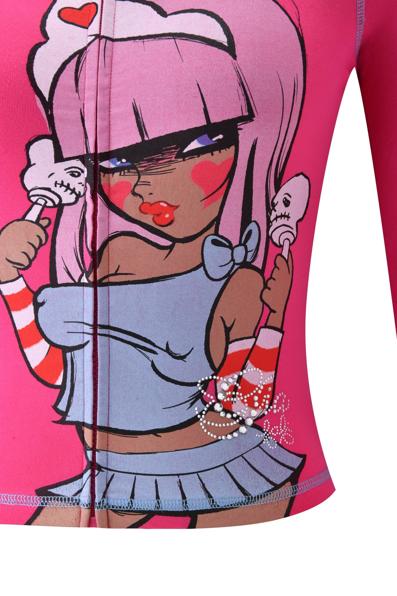 The I.AM.GIA FAFI BLARE HOODIE in hot pink features a playful cartoon girl with pink hair, heart blush, bold makeup, blue outfit, skull lollipops, plus bow and pearl accents.