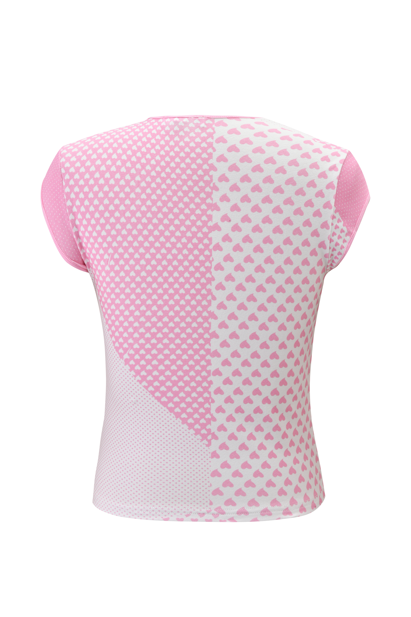 The FAFI TOP - PINK by I.AM.GIA is a short-sleeved top with a split design, Gia X Fafi X Faline graphics, pink sleeves, small pink hearts on one side, and white hearts on a pink background on the other.