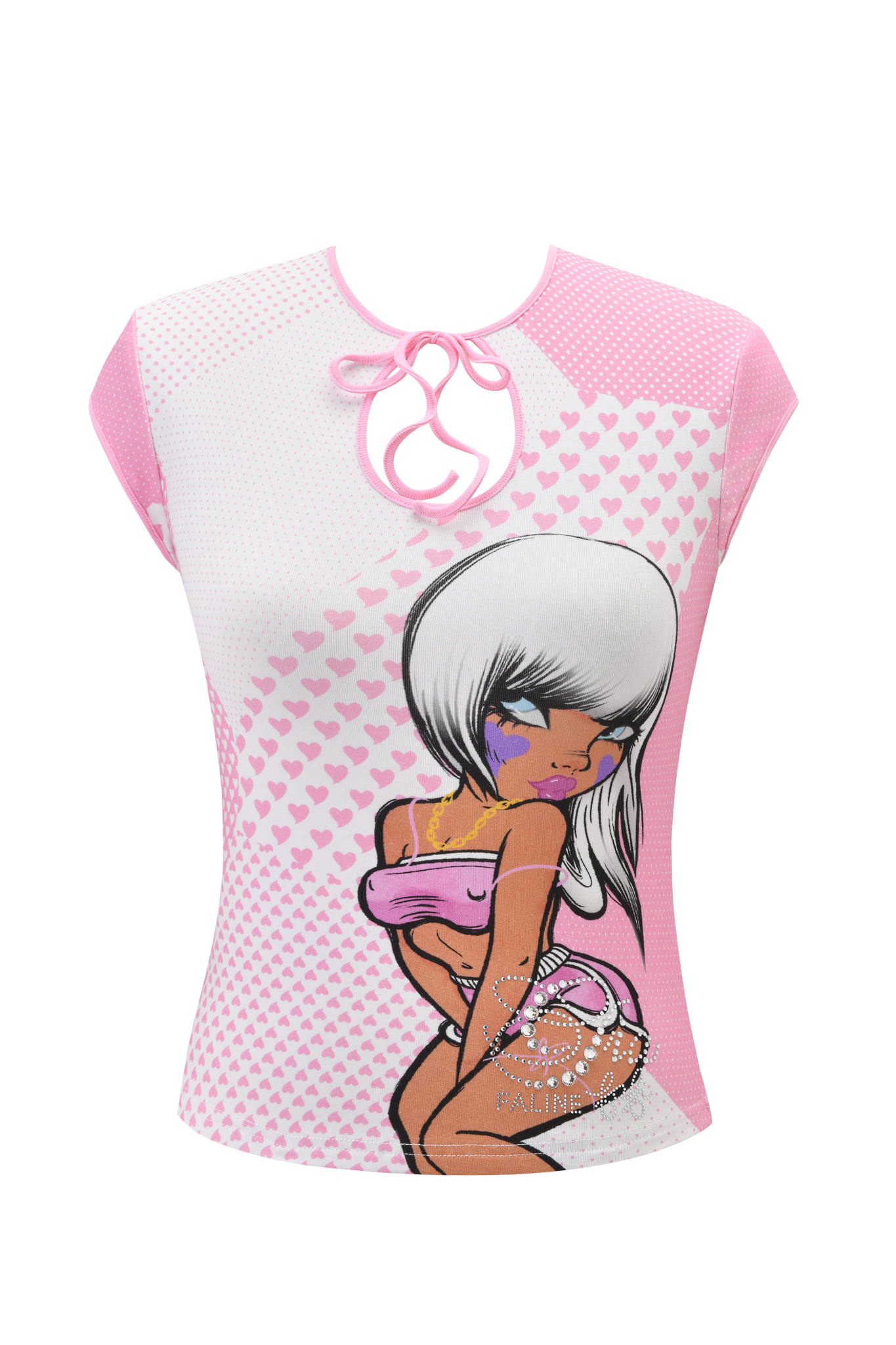 The FAFI TOP - PINK by I.AM.GIA is a fitted, short-sleeve top with heart patterns, a keyhole lace-up neckline, and a playful Gia X Fafi X Faline graphic of a white-haired woman with purple makeup.