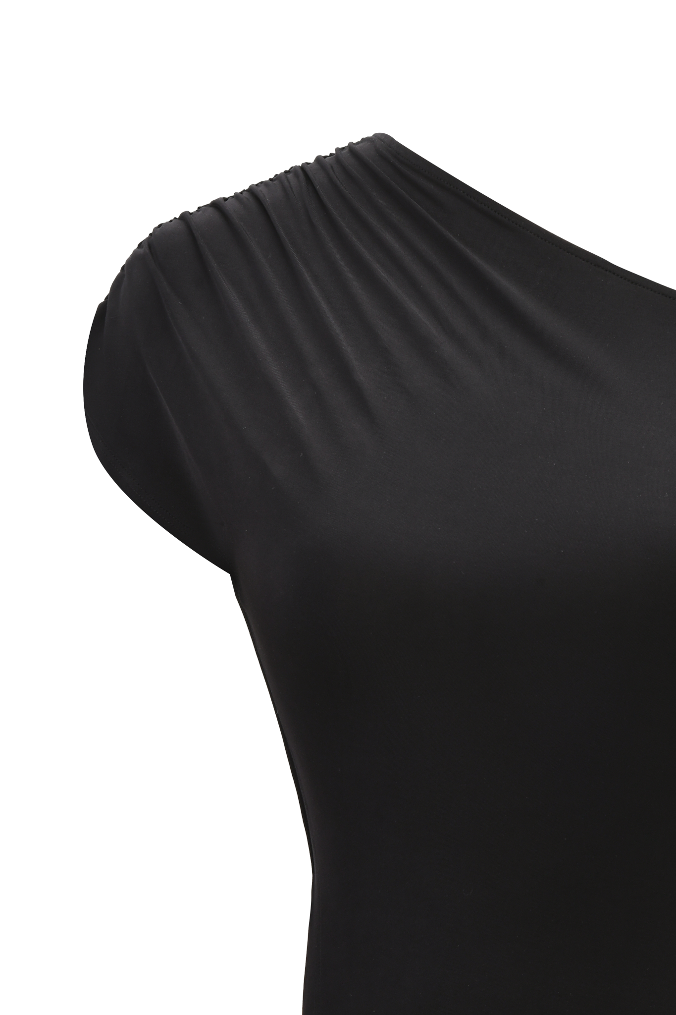 Close-up of the I.AM.GIA JOVIE TOP - BLACK, a short-sleeved bodycon top featuring gathered ruched shoulders and an asymmetrical neckline, shown against a plain background.
