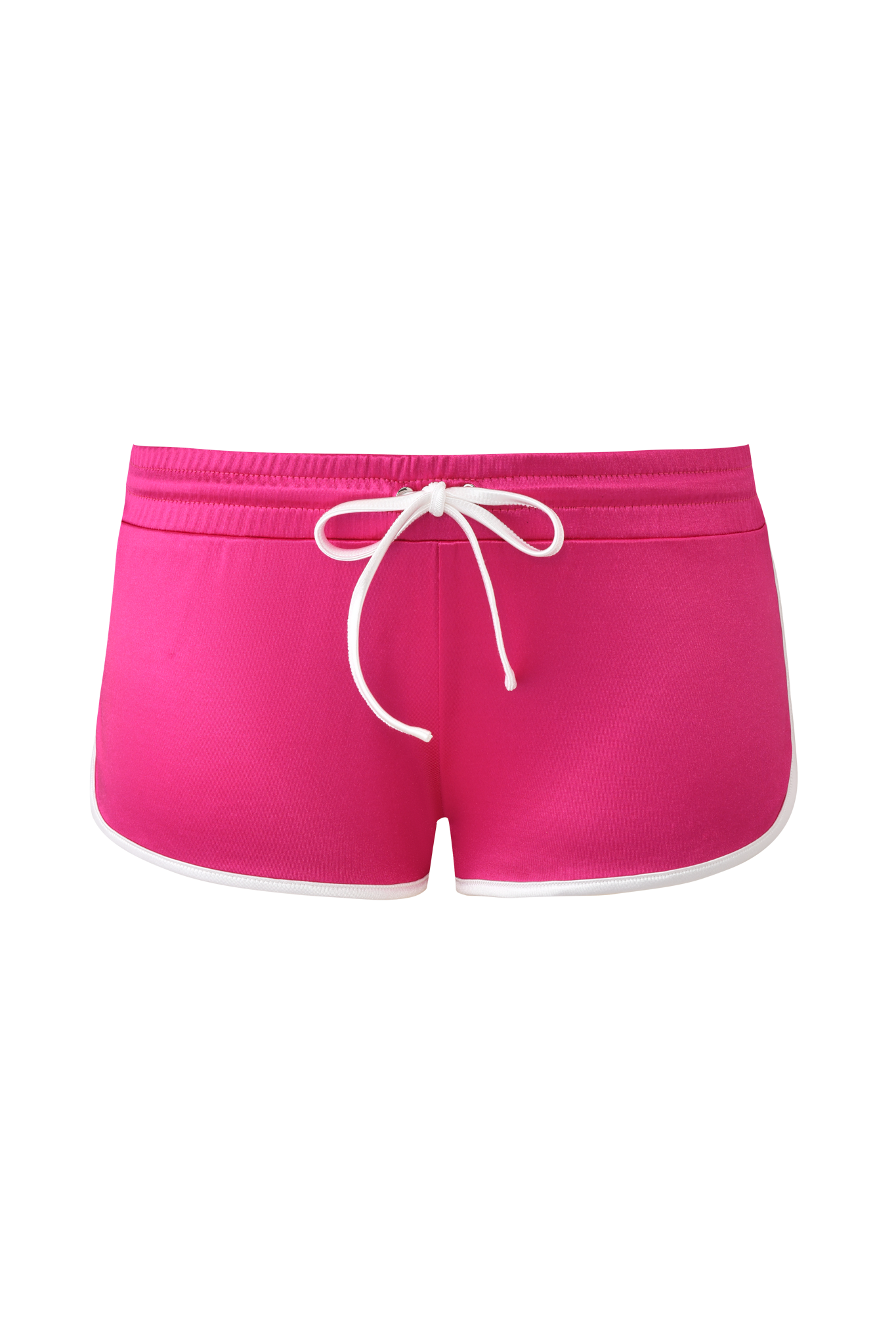 The I.AM.GIA CHERRY SHORT in dark magenta features vibrant disco fabric, a classic dolphin hem with white trim, and a white drawstring waistband, shown against a white background.
