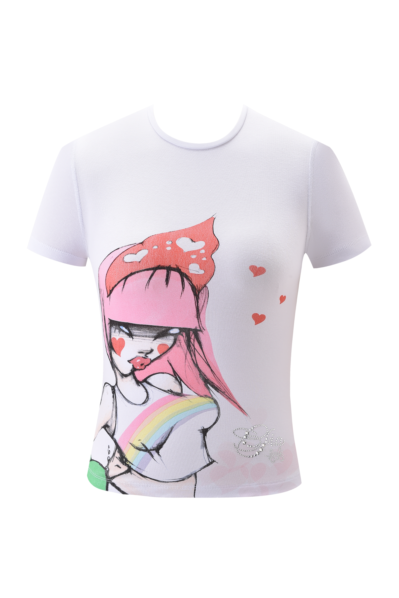 The I.AM.GIA FAFI T-SHIRT - WHITE features "Fafinette" artwork of a girl with long pink hair, hearts, and a rainbow, plus a small signature. Made from high stretch fabric.