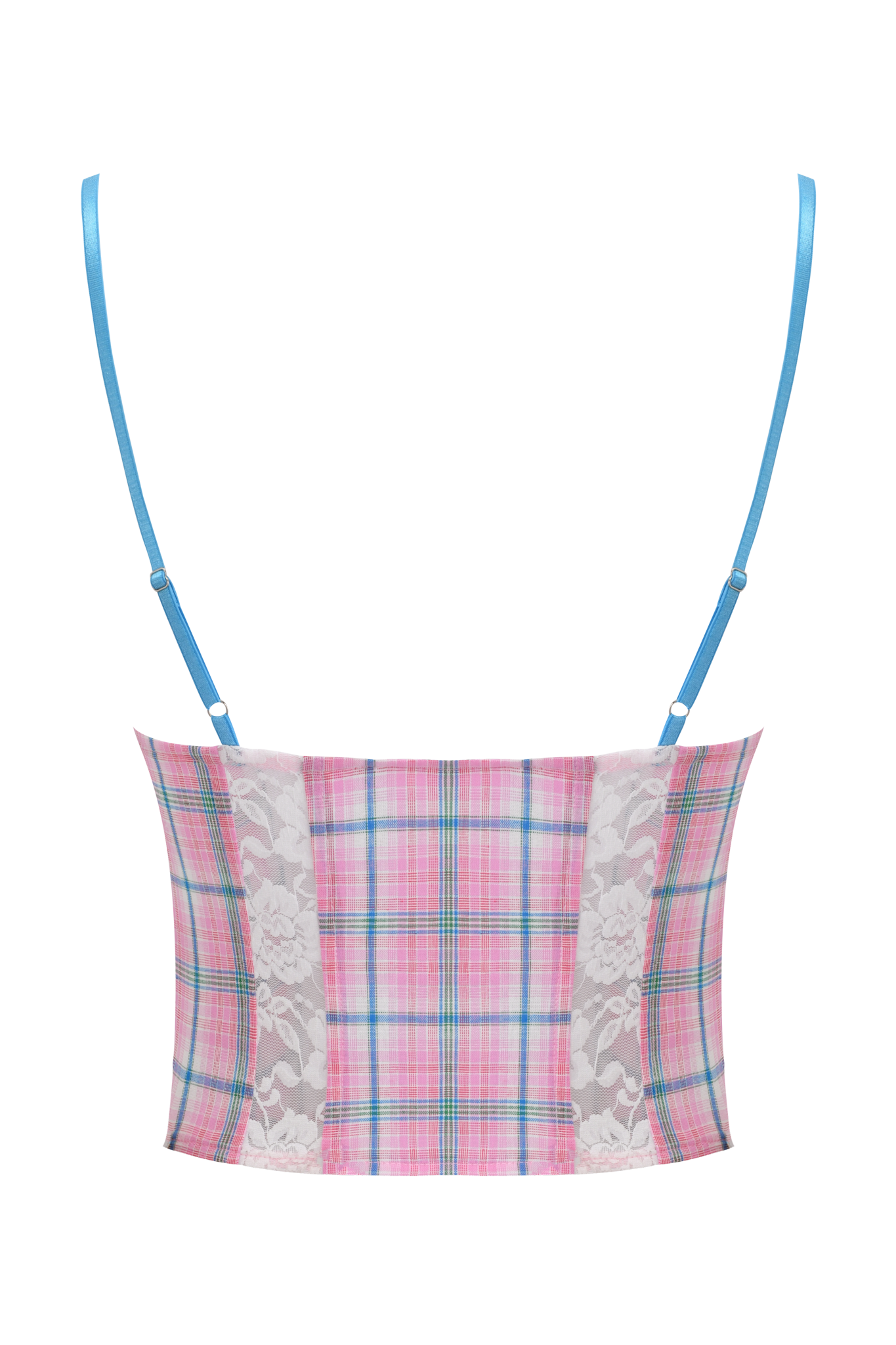 The CLAIRE CORSET - PINK PLAID by I.AM.GIA features underwire cups, adjustable blue straps, and white lace side panels. Shown against a plain white background.