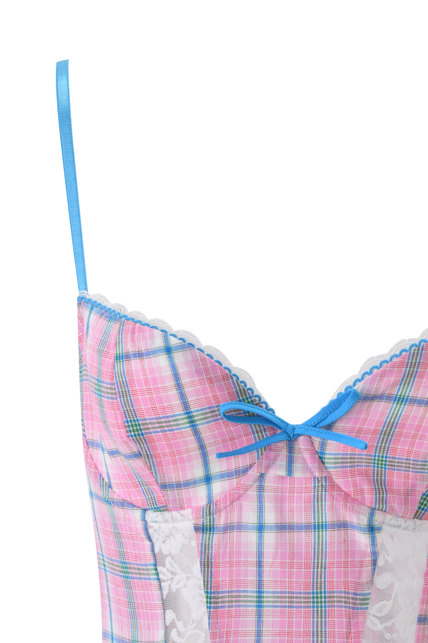 A close-up of the CLAIRE CORSET - PINK PLAID by I.AM.GIA, featuring pink plaid with blue, white, and green lines, underwire bust cups, a blue bow and lace trim on the cup, plus a blue adjustable strap.