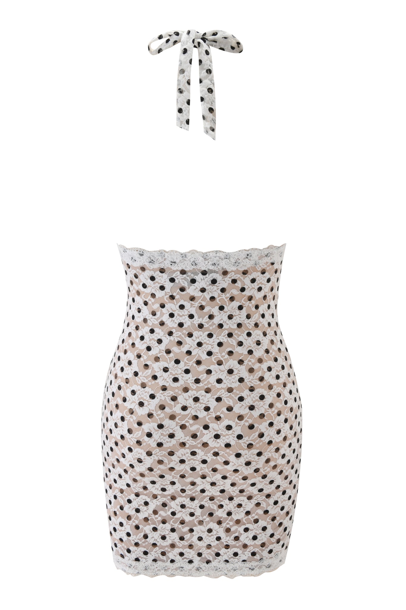 The GEM MINI DRESS - WHITE by I.AM.GIA is a form-fitting, unlined mini dress with a white lace overlay, black polka dots, scalloped edges, and a separate matching halter neck tie.