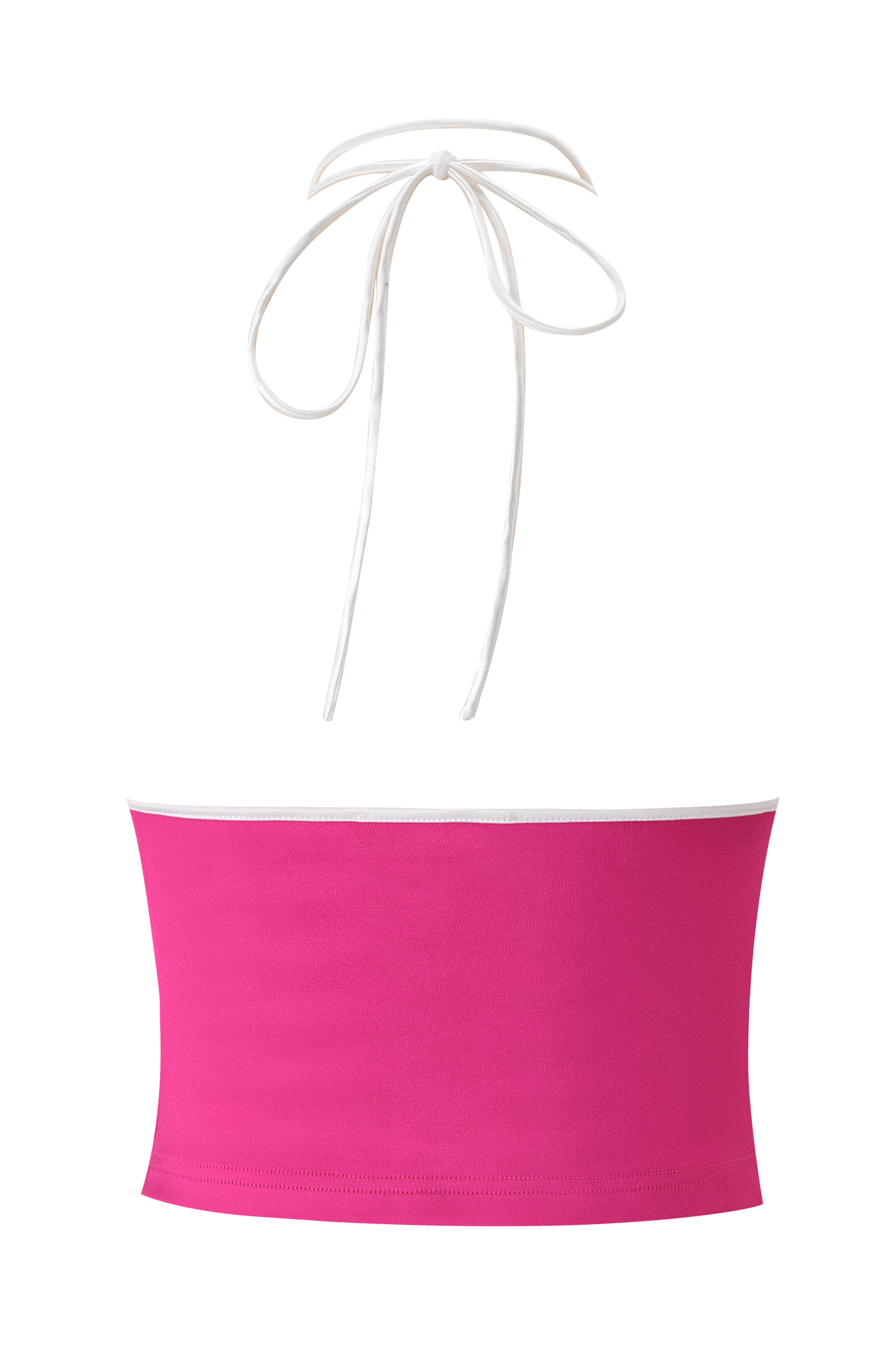 The CHERRY TOP - DARK MAGENTA by I.AM.GIA is a shimmering, body-con halter top with white trim and ties, crafted from disco fabric and shown on a white background.