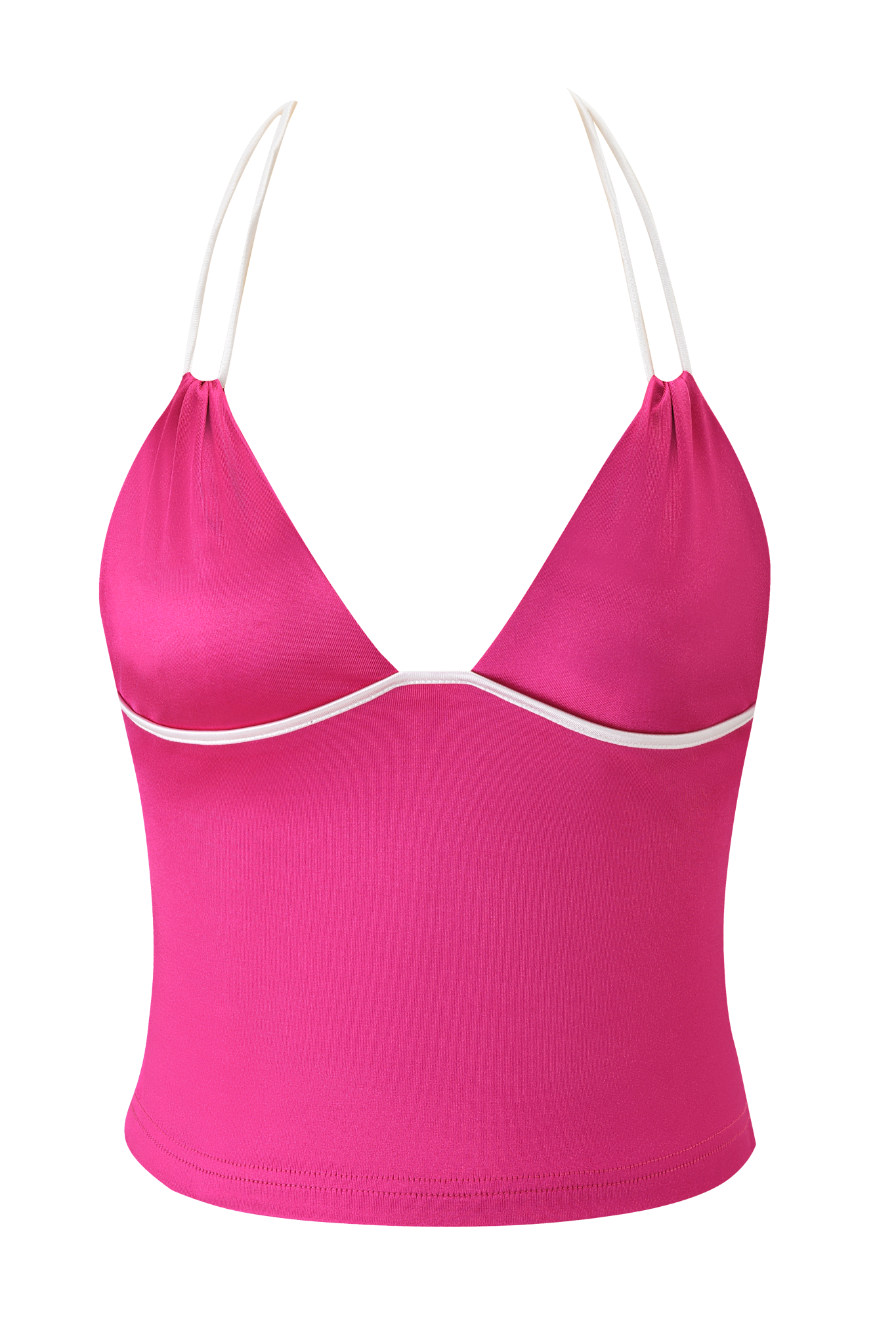 The CHERRY TOP - DARK MAGENTA by I.AM.GIA features a hot pink halter style with a deep V neckline, white underbust trim, and spaghetti straps. Made from smooth disco fabric for a sporty, body-con fit.