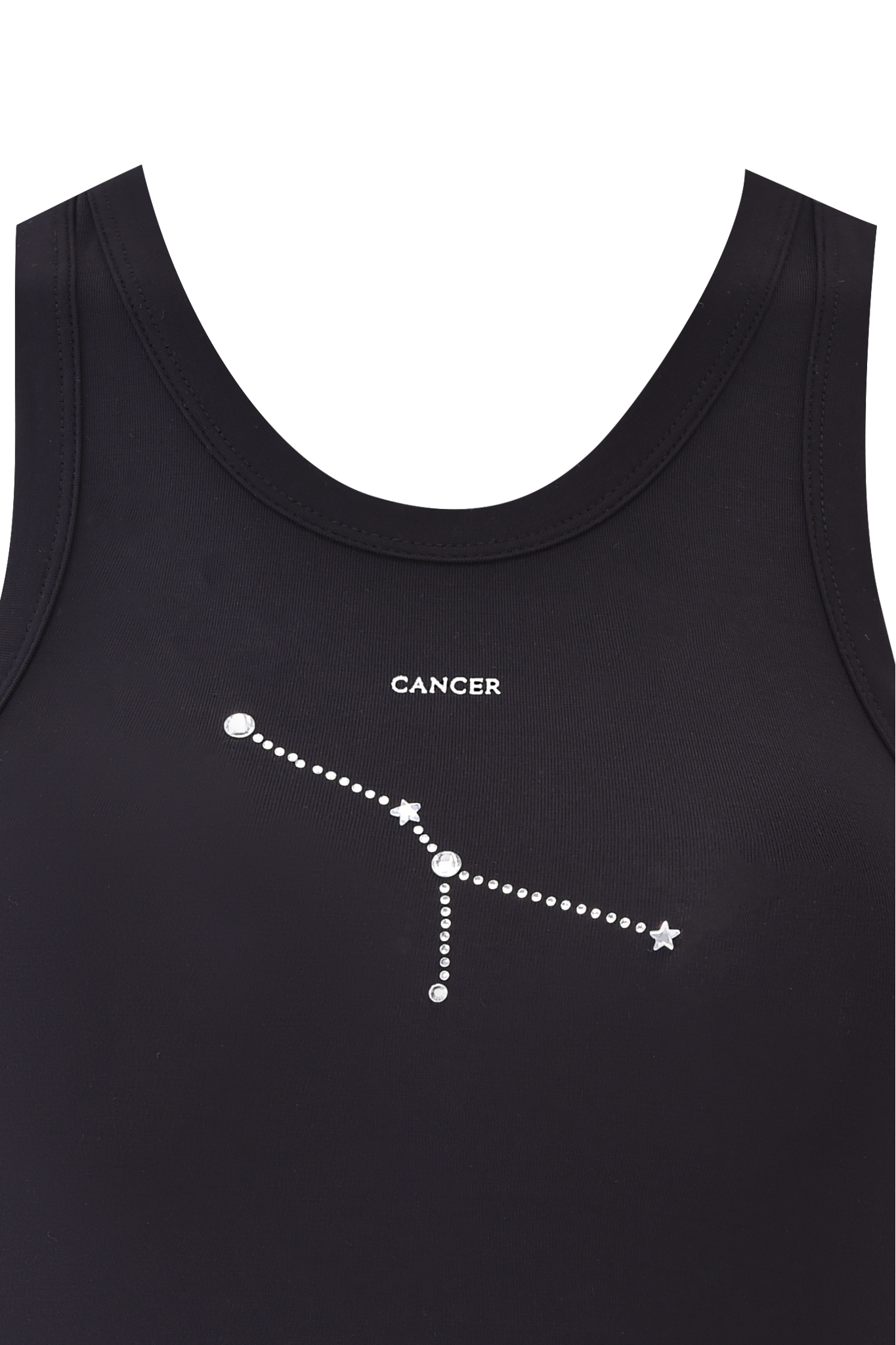 The I.AM.GIA CANCER ZODIAC TANK - BLACK is a fitted bamboo tank top with "CANCER" and a white dotted Cancer constellation graphic on the chest.