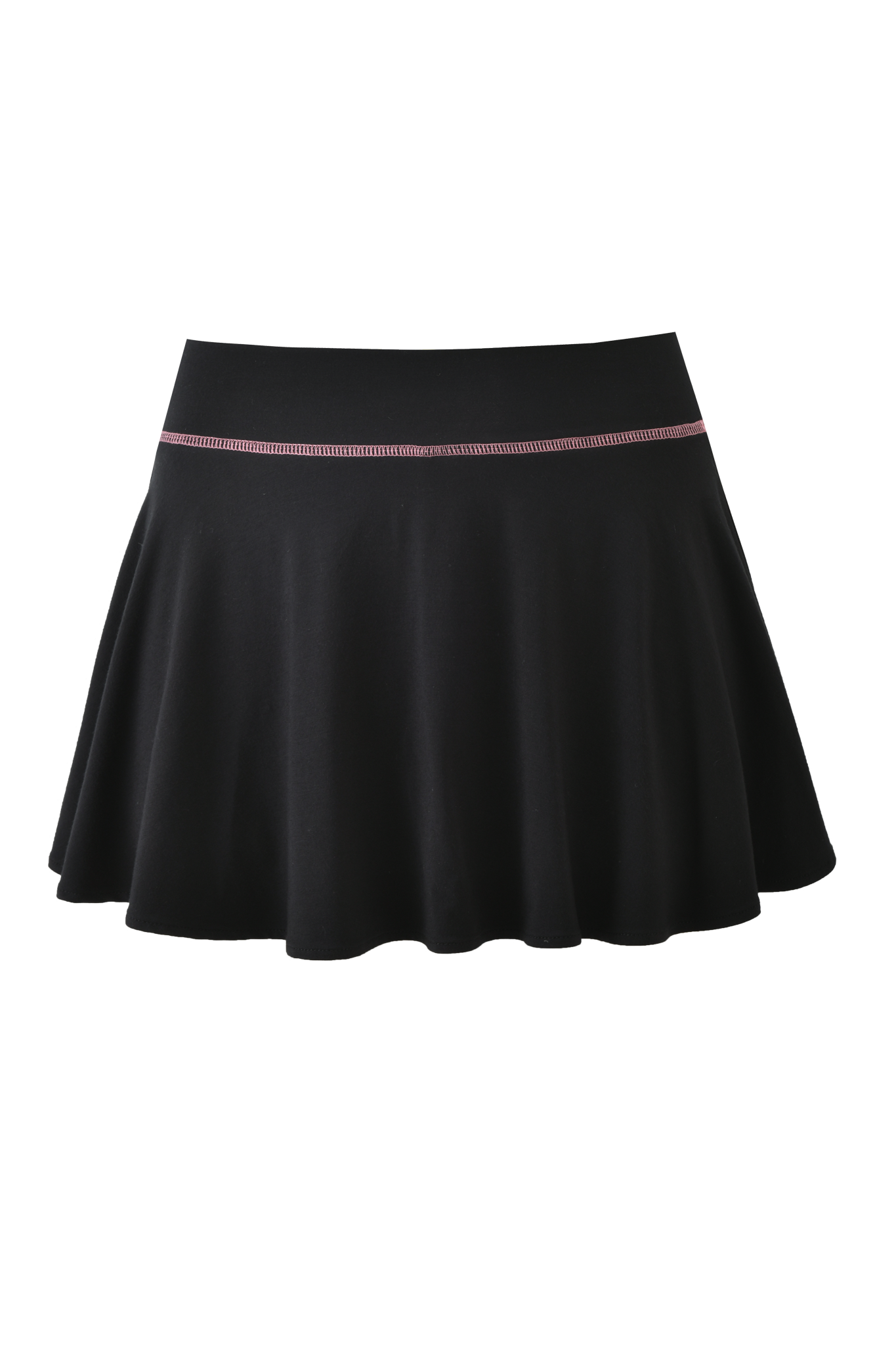 The BLARE SKORT - BLACK by I.AM.GIA is an A-line black skort with a subtle pink stitched line around the waistband, shown against a plain white background.