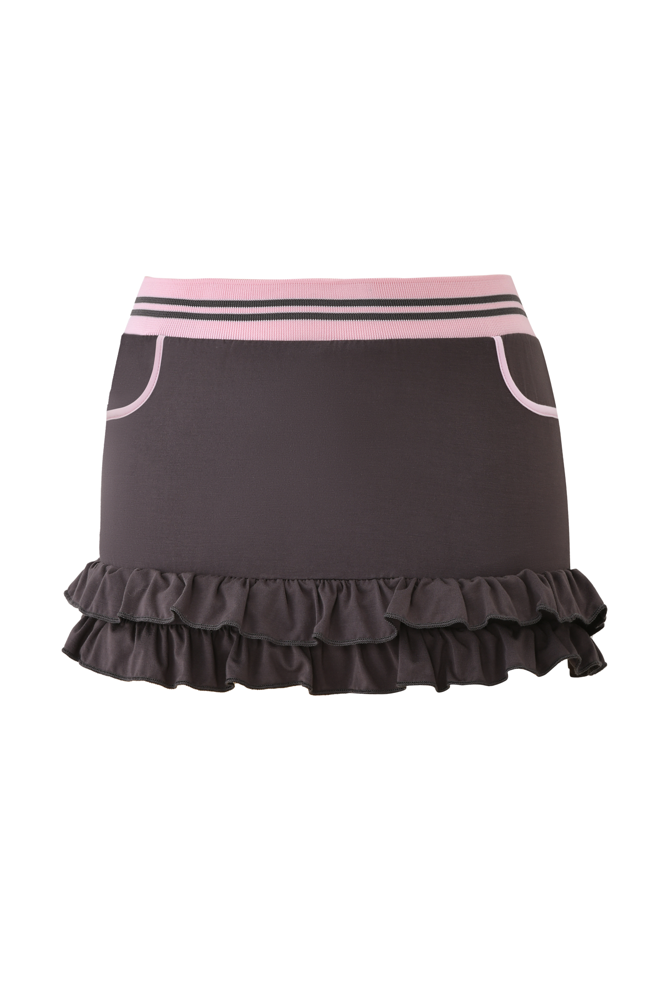 The ELLIS SKORT - GREY by I.AM.GIA is a charcoal grey mini skort with pink trim, two front pockets, a bubblegum pink elastic waistband, and a ruffled hem.