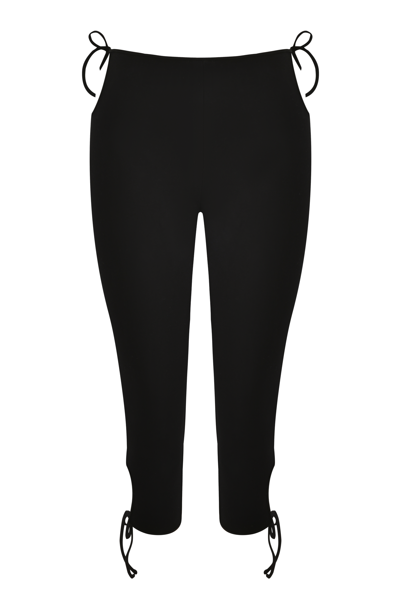 The YUNA CAPRI - BLACK by I.AM.GIA is a pair of black mid-rise, body-con fit capri pants with mid-calf length, featuring bows at the hips and ankles.