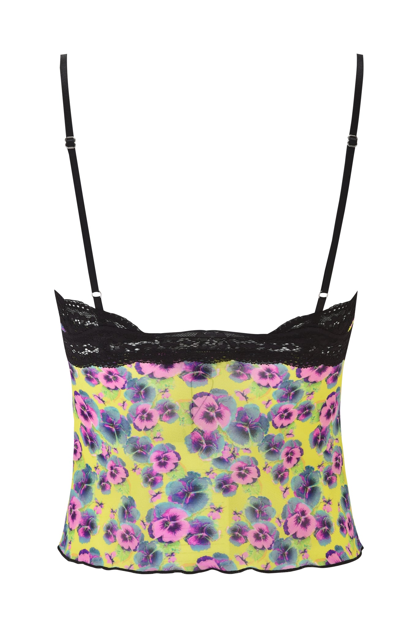 The GRACIE LACE CAMI - SASSY PANSY by I.AM.GIA is a women's mesh top with adjustable black spaghetti straps, black lace trim, and bright yellow fabric featuring a bold purple and blue neon floral mesh pattern.