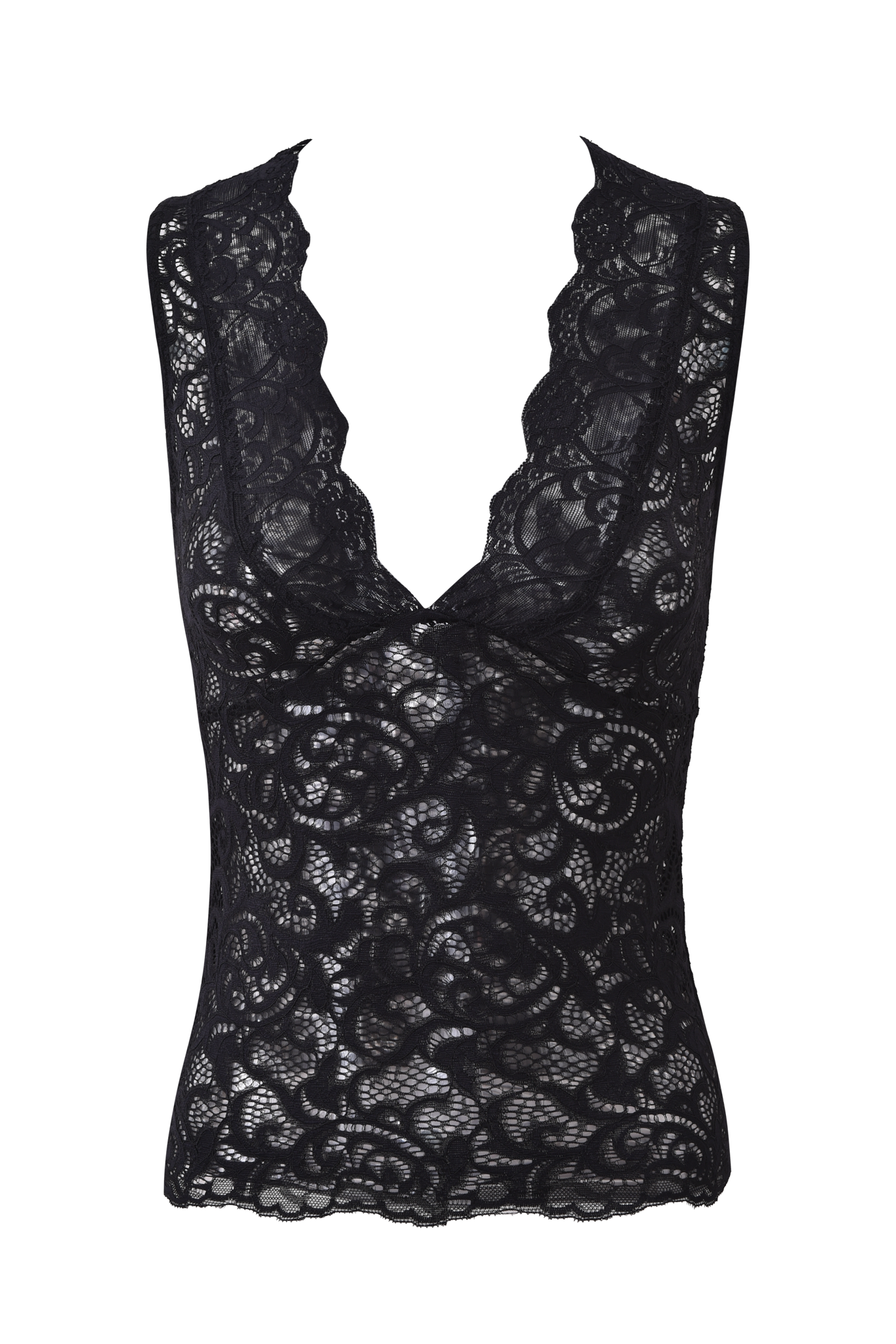 The GEMMA SLEEVELESS TOP by I.AM.GIA is a black tank with a deep V-neck, floral lace pattern, semi-sheer texture, and delicate frill details.