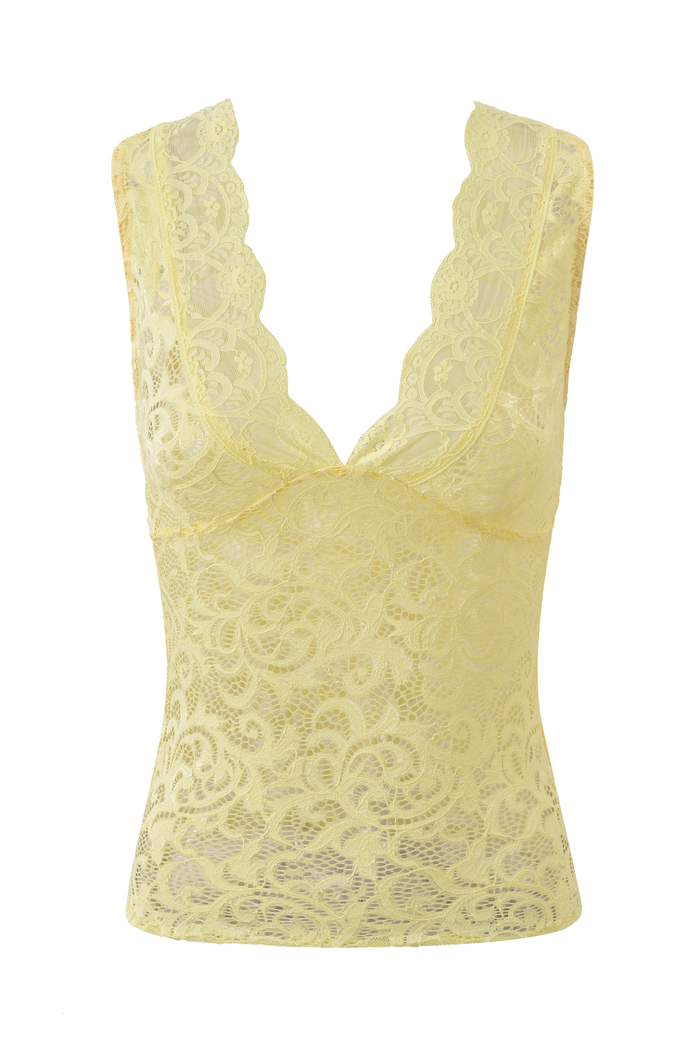 The GEMMA SLEEVELESS TOP by I.AM.GIA is a light yellow lace tank with a plunging V neckline and detailed floral patterns.