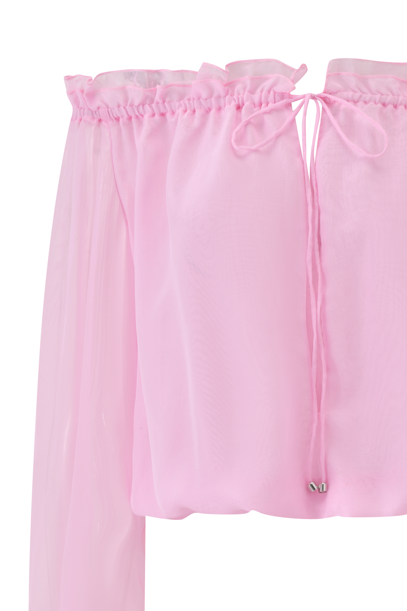 The JAZMIN TOP in baby pink by I.AM.GIA features a sheer georgette, off-the-shoulder design with a ruffled elastic neckline, adjustable front tie, and one flowing long sleeve.