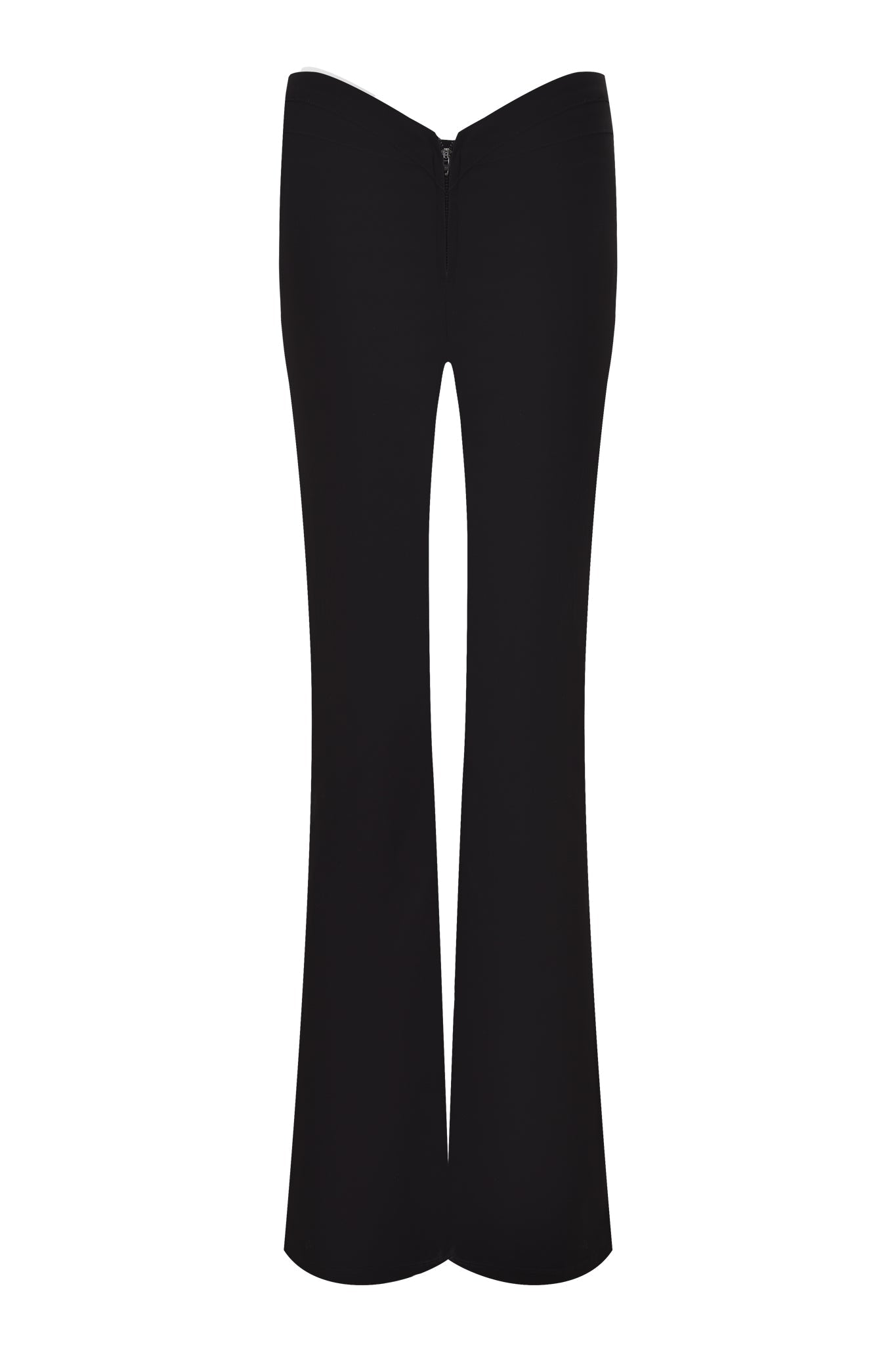 The I.AM.GIA ELLENA 2.0 CURVED WAIST ZIPPER PANT in black features a high waist, front zipper, and flared silhouette for a modern look, shown from the back against a white background.