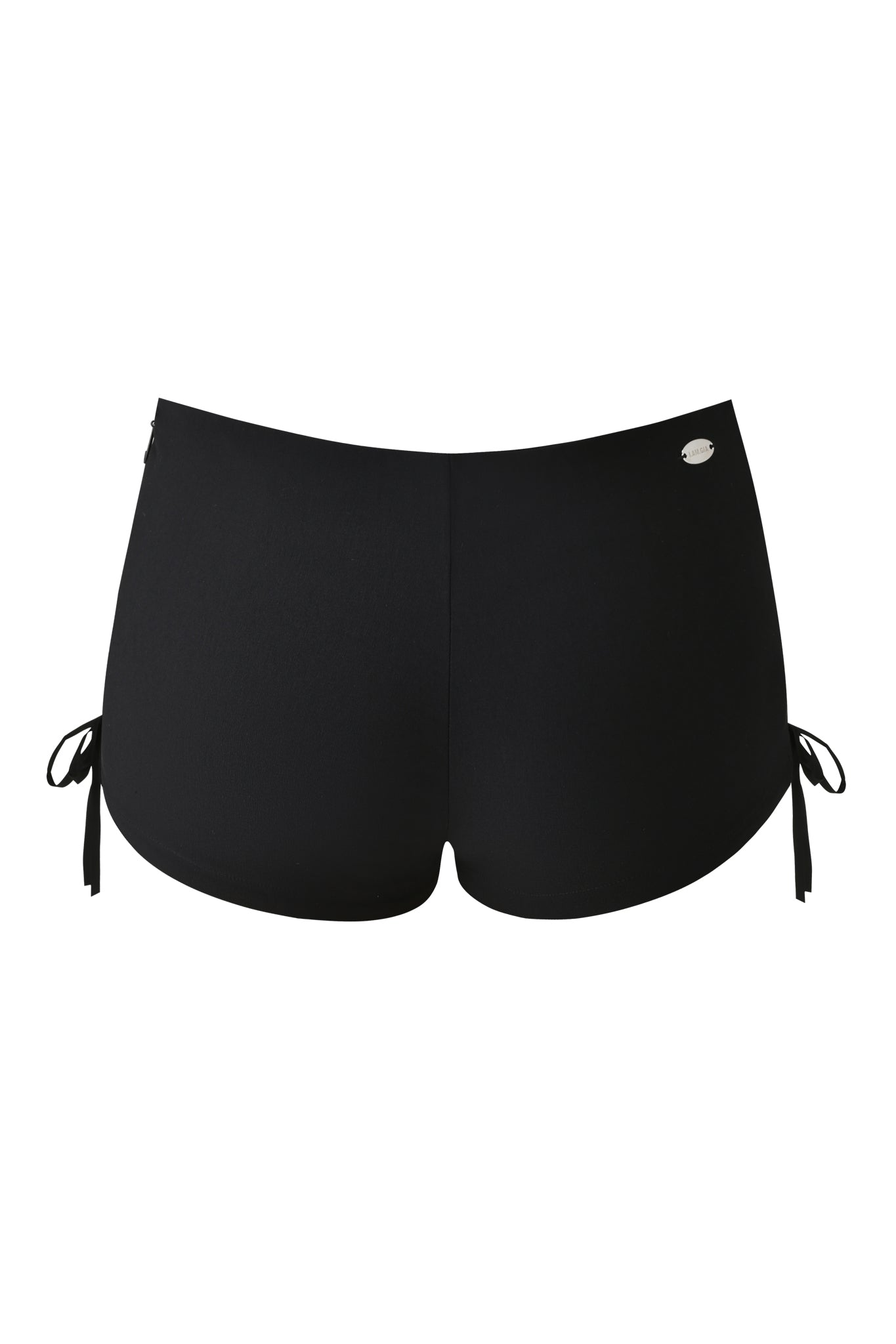 The SAMIRA SHORT - BLACK by I.AM.GIA are black lace-up swim shorts with a snug, bodycon fit. Featuring side bows tied with fabric strings and a metallic logo on the upper right waistband, shown from the back.